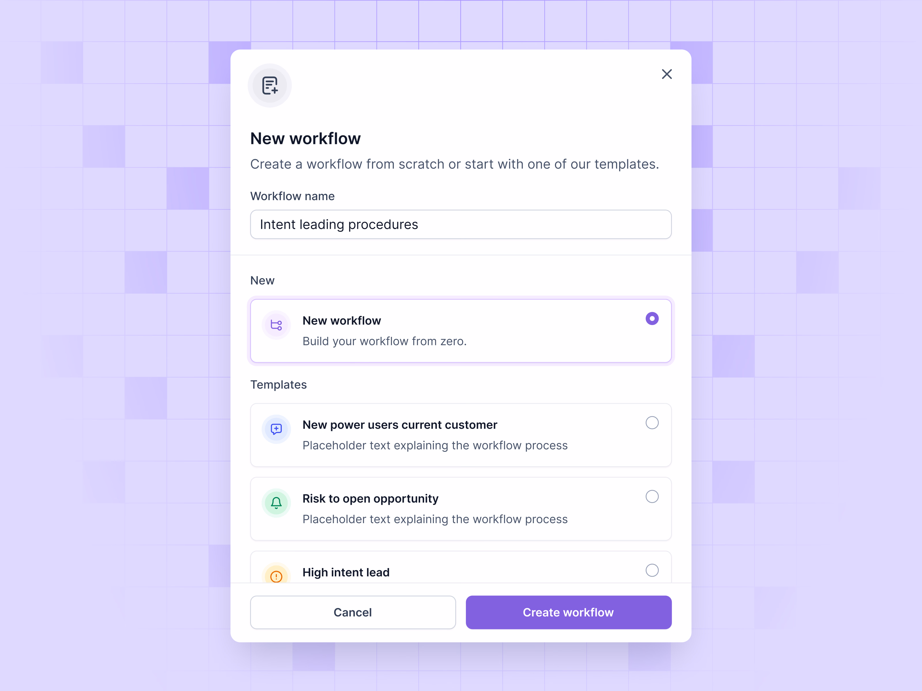 New workflow creation modal draft for Lantern