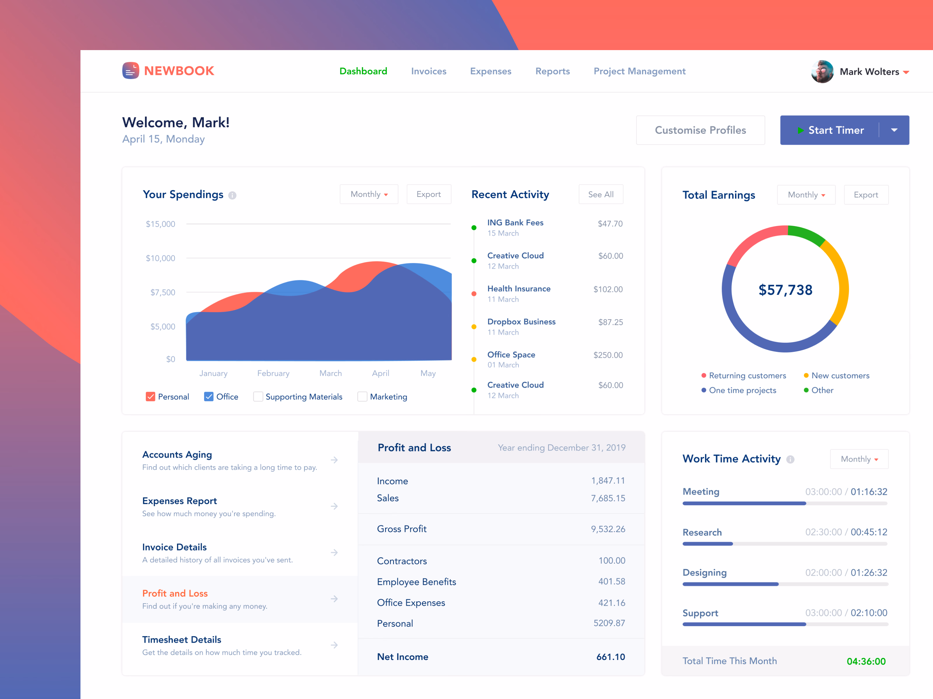Freelance finance dashboard for Newbook