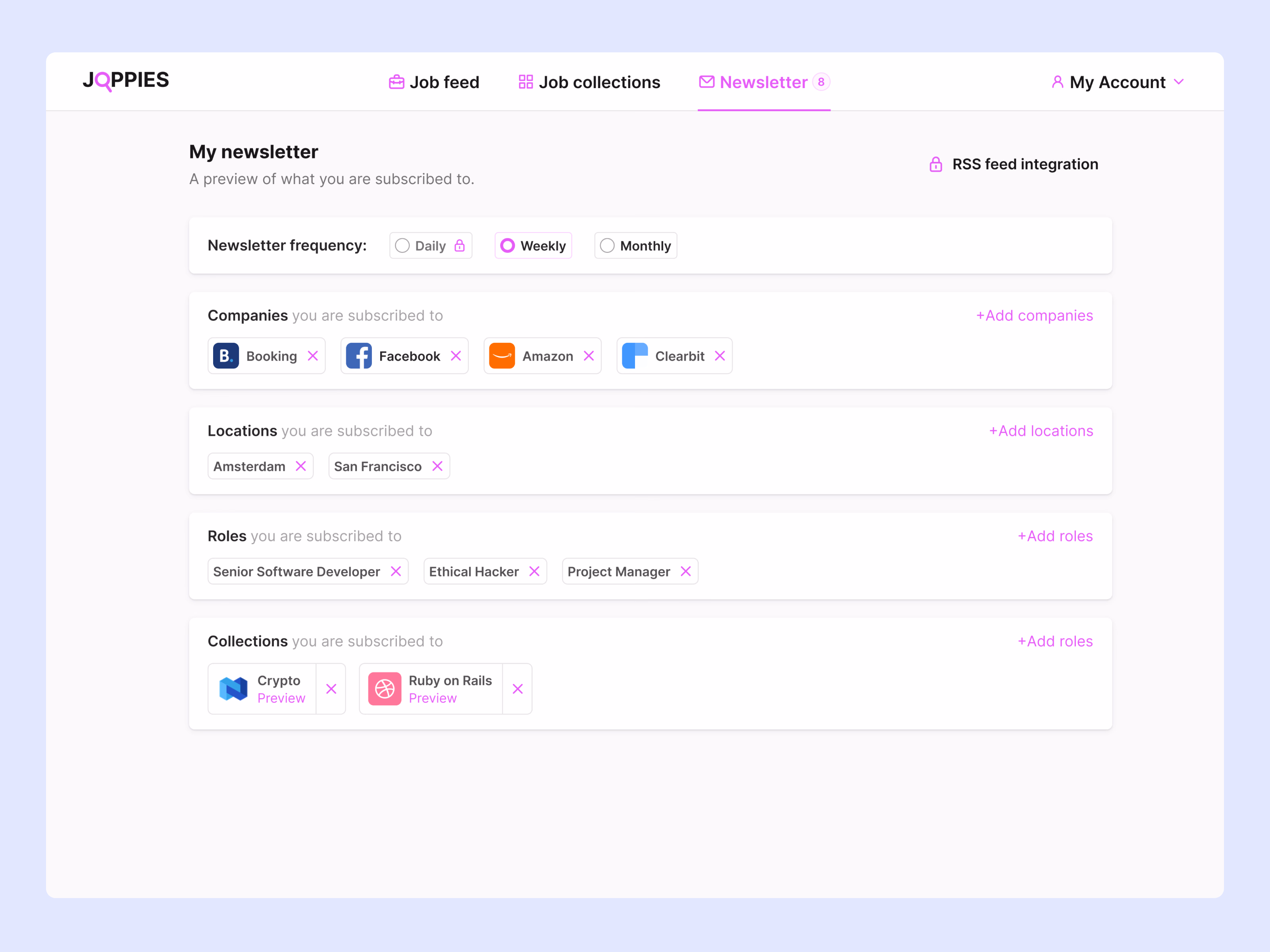 Job newsletter subscription settings for Joppies