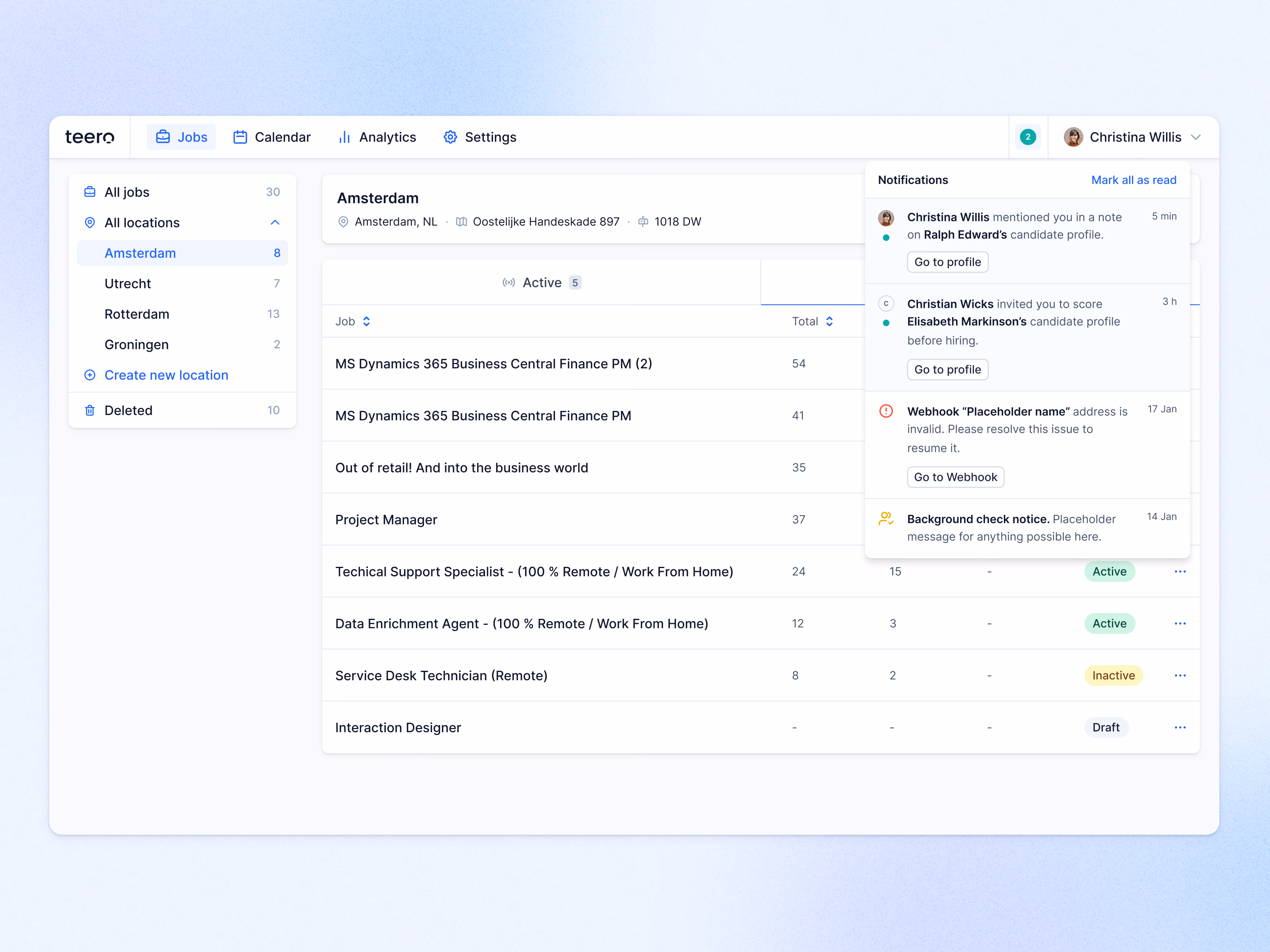 Notification center for Teero hiring platform