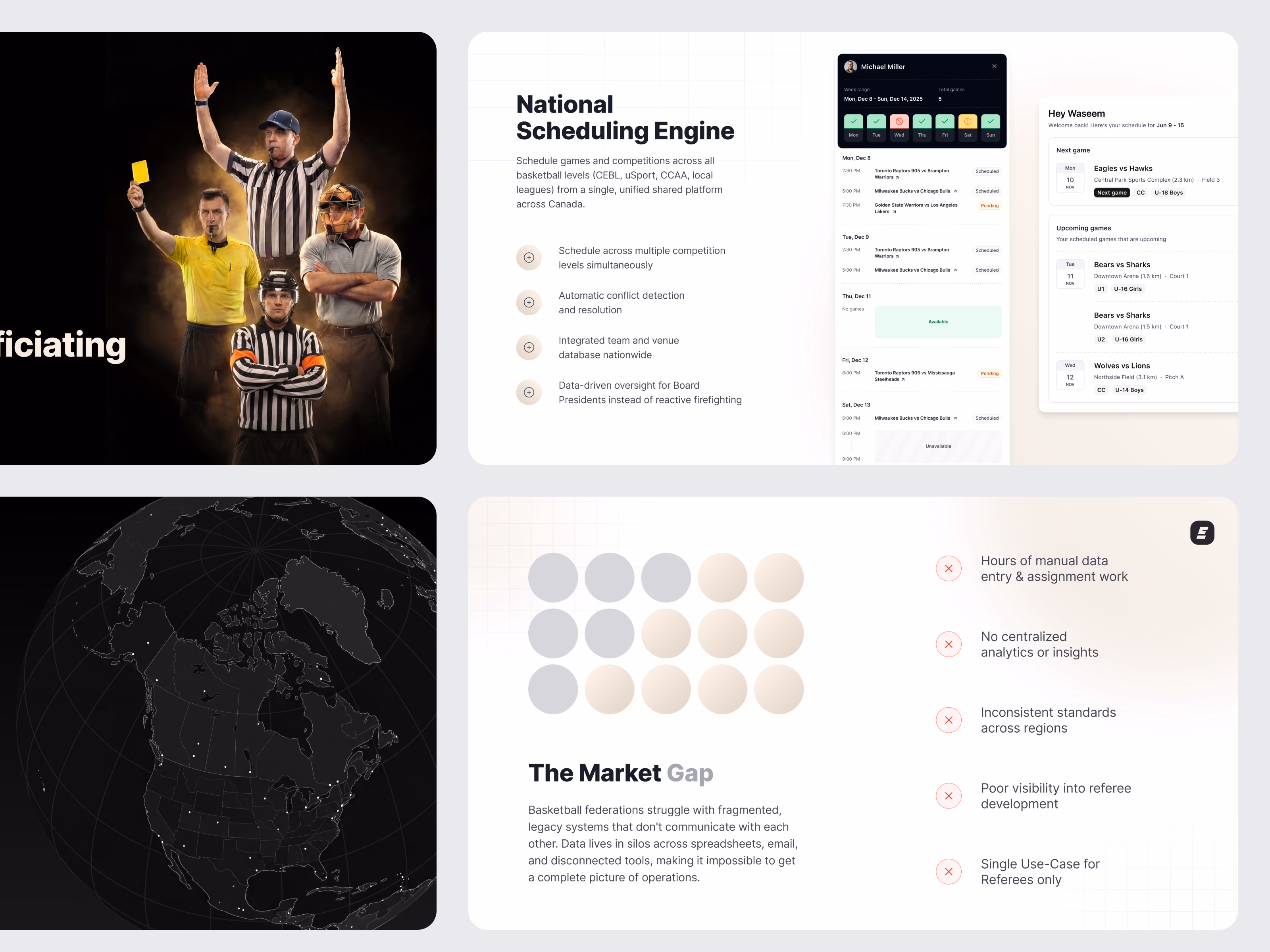 Bento sections: a referee crew photo, the National Scheduling Engine with schedule screens, a dark globe and The Market Gap