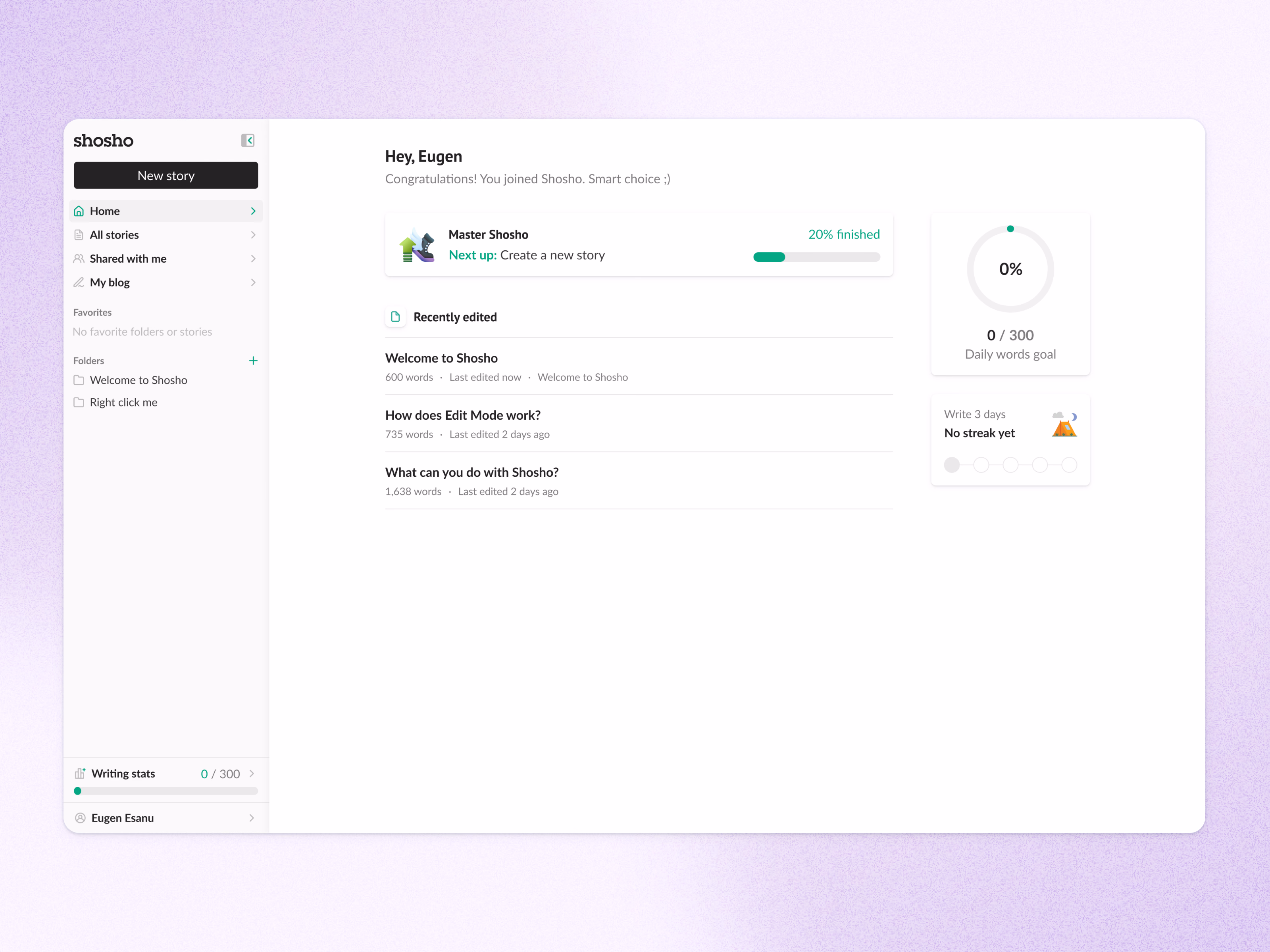 Writing app home screen onboarding for Shosho