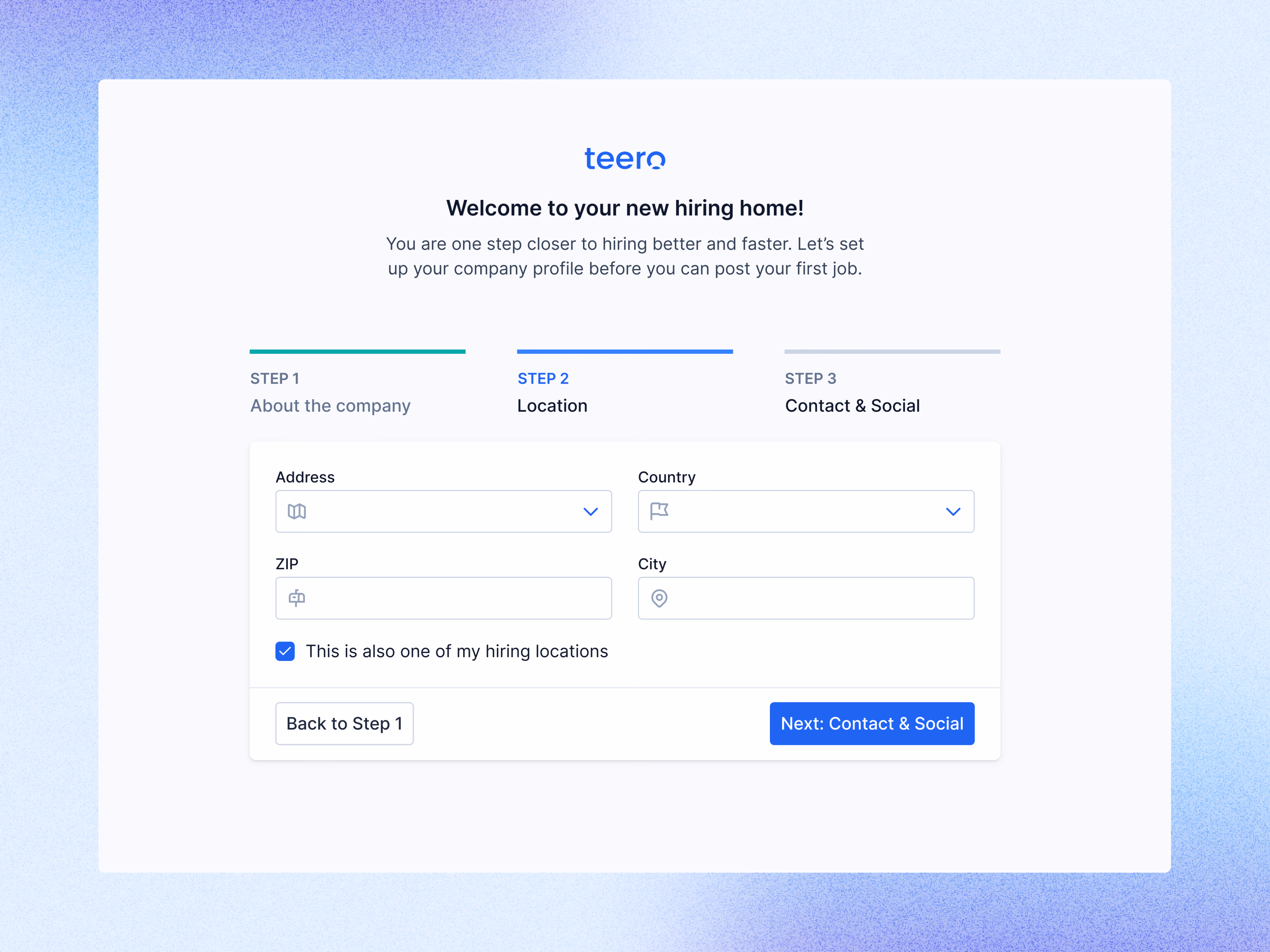 Company profile setup onboarding for Teero