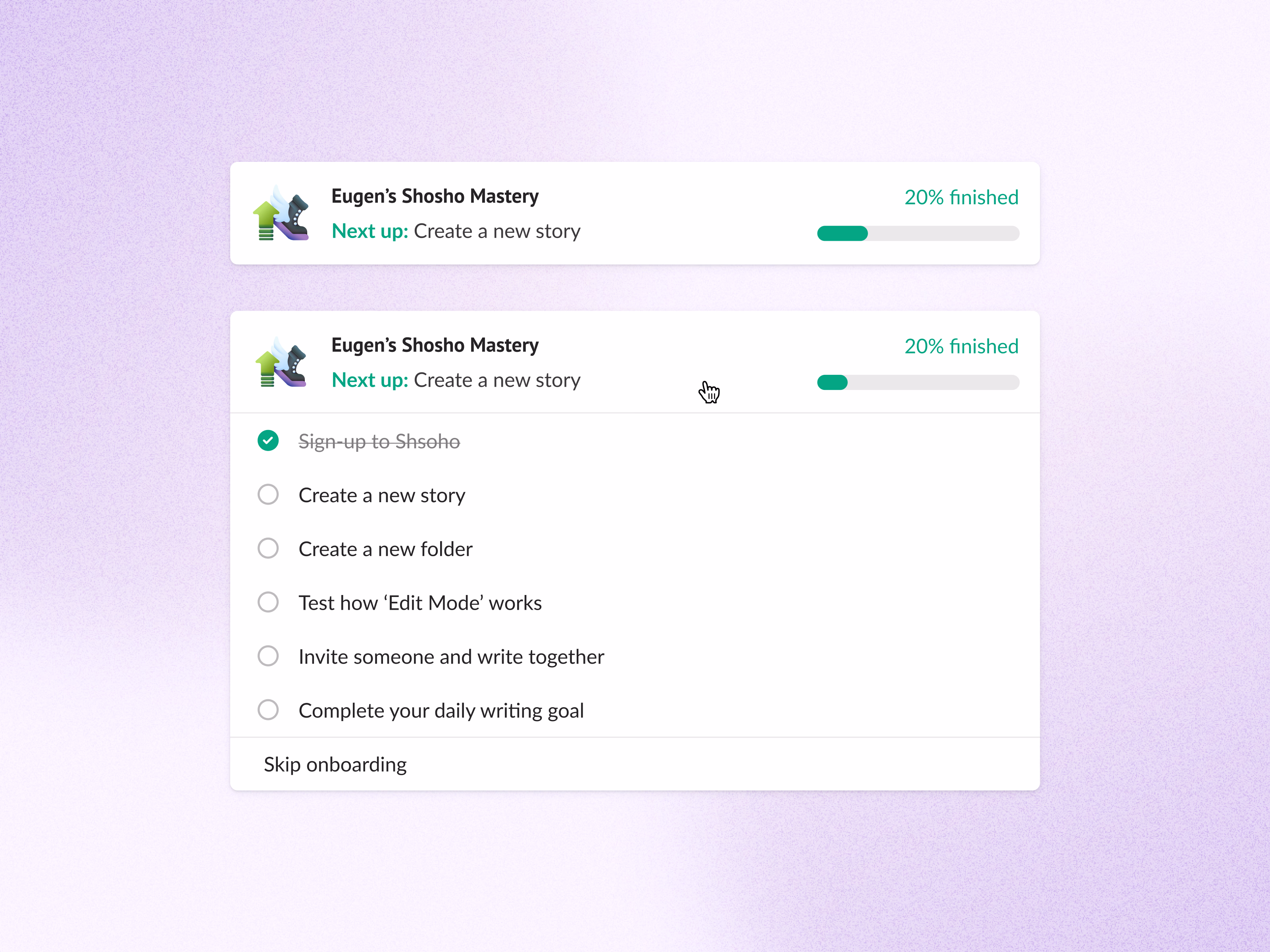 Onboarding checklist for Shosho writing app
