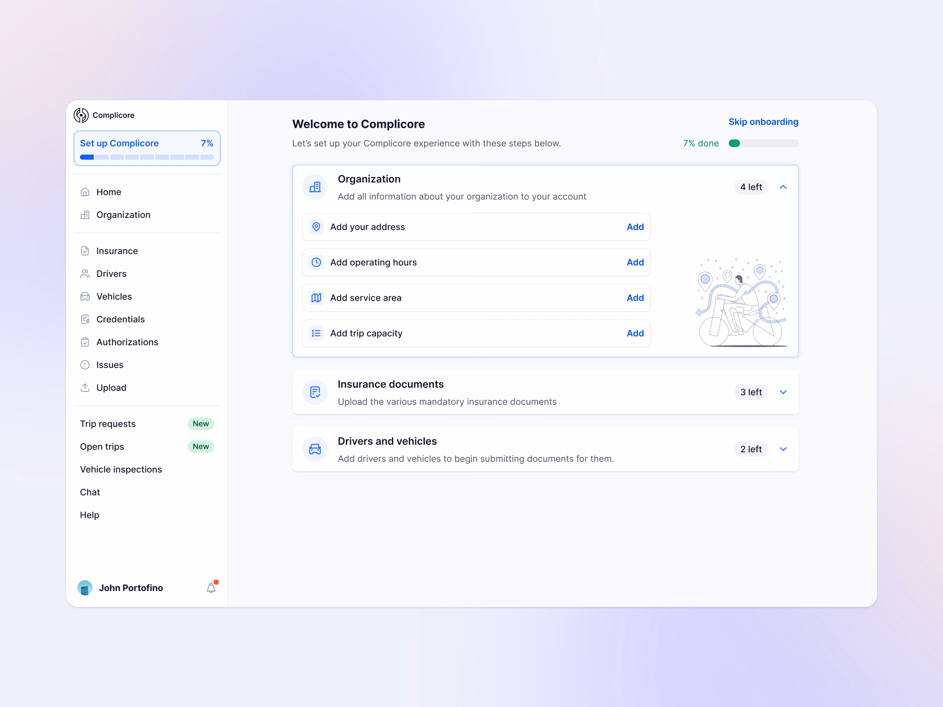 Welcome screen setup checklist for Complicore