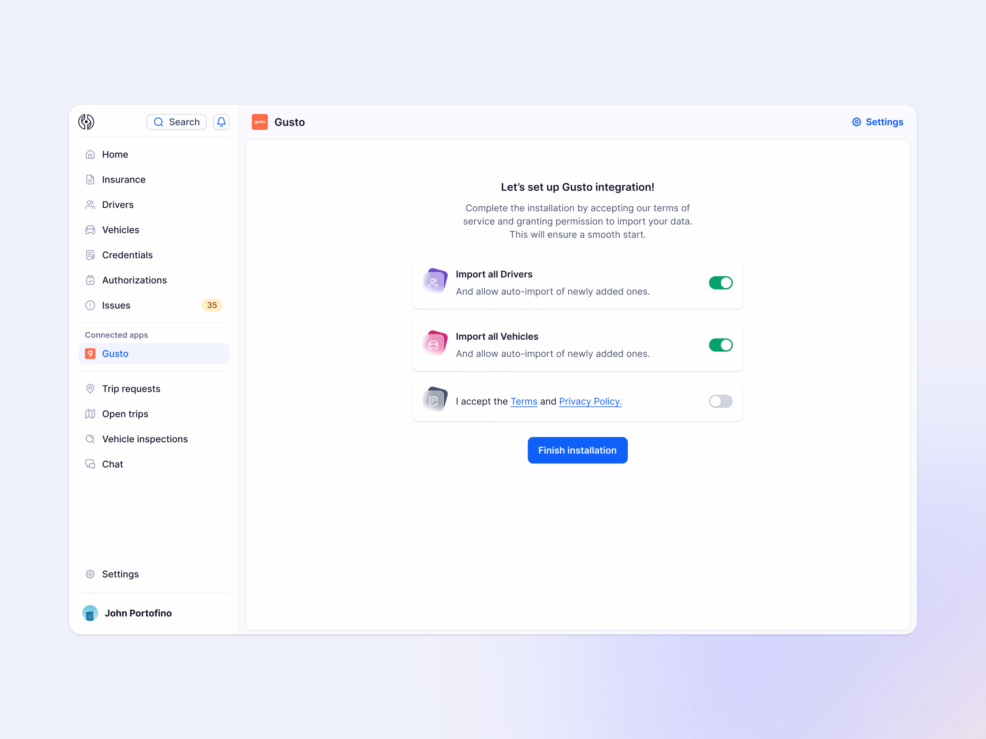 Gusto connected app settings page for Complicore