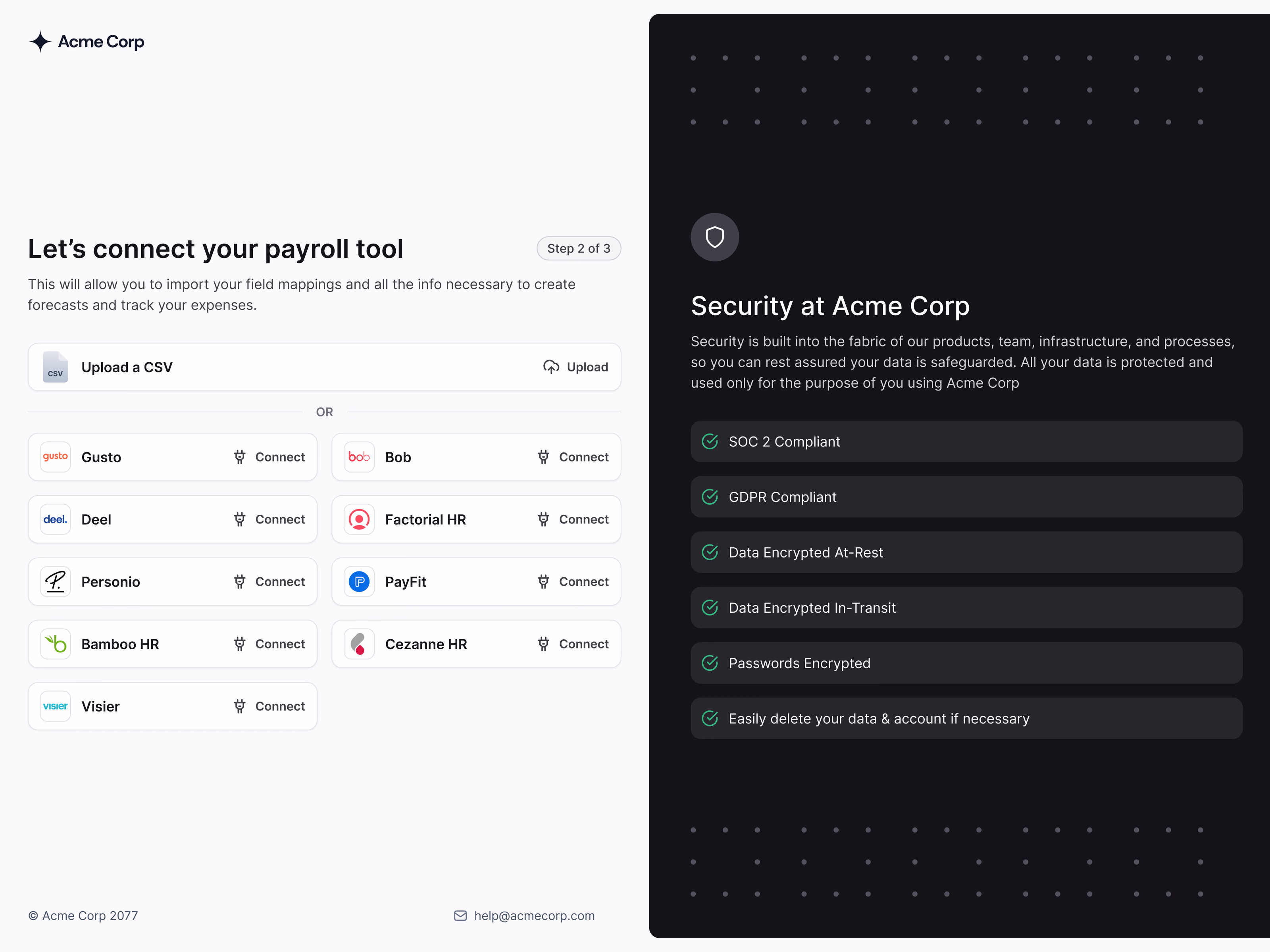 Payroll tool connection step for a workforce finance app