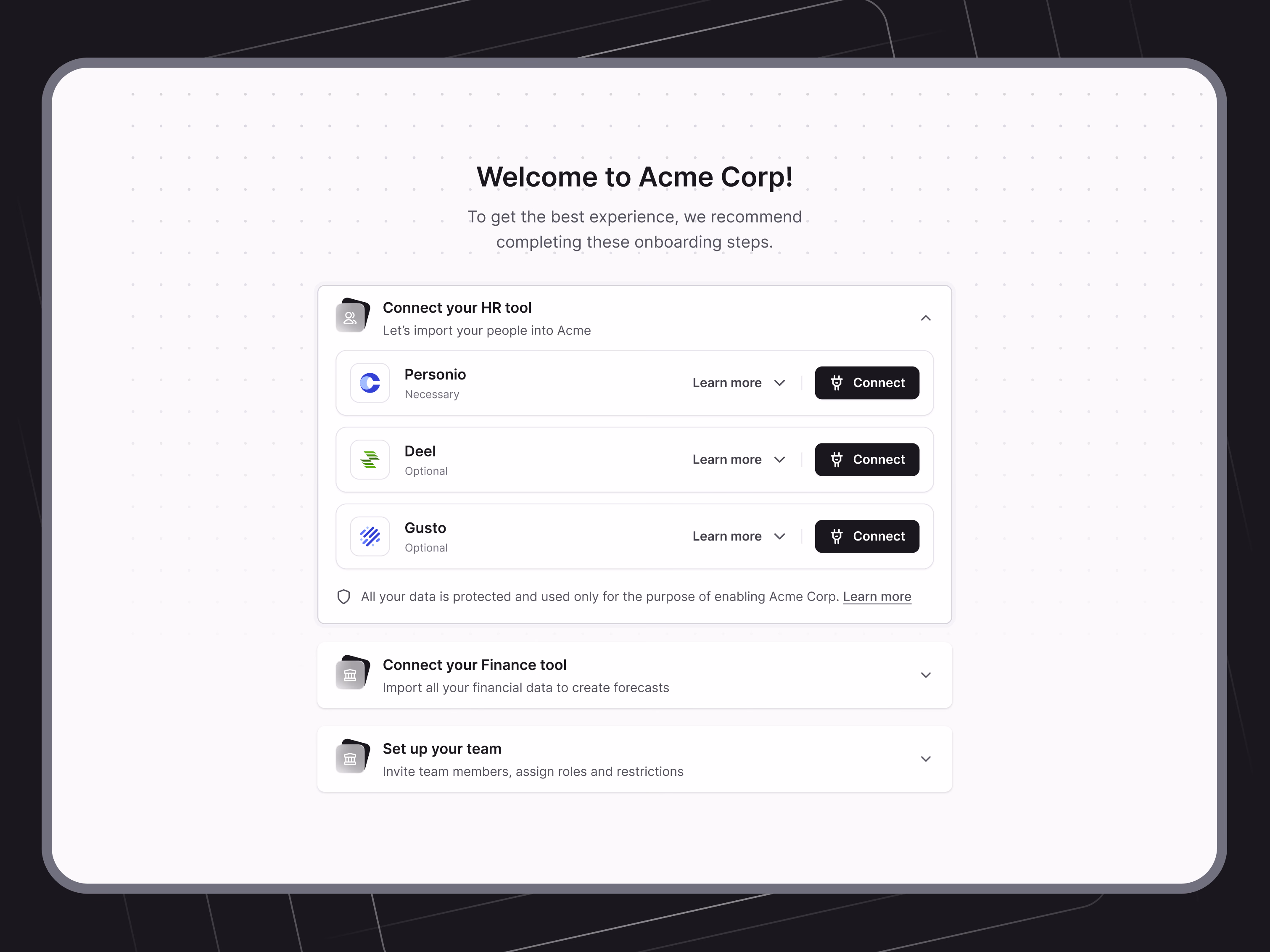 HR and finance tool onboarding draft for Horus