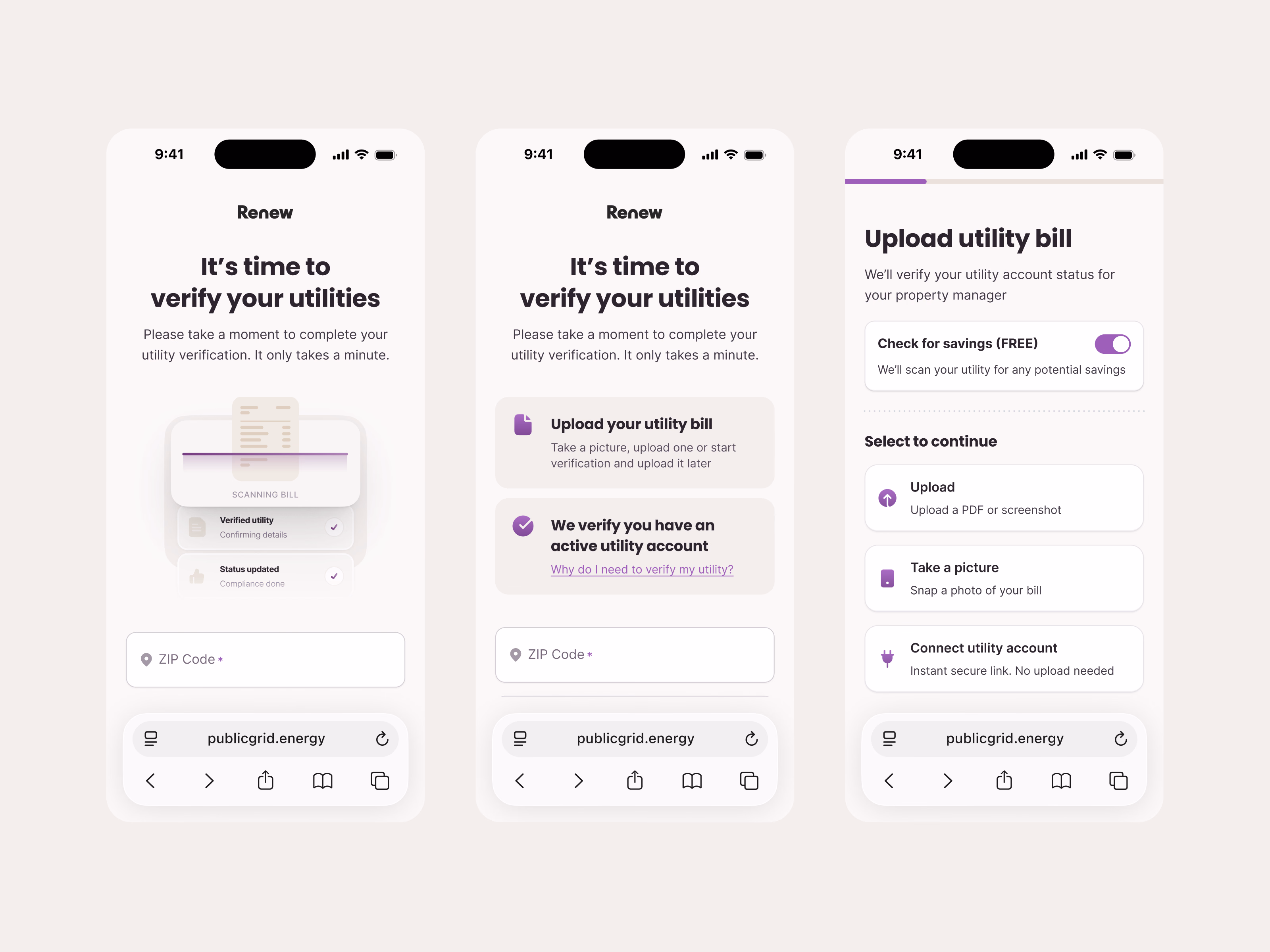 Utility verification onboarding flow for Public Grid