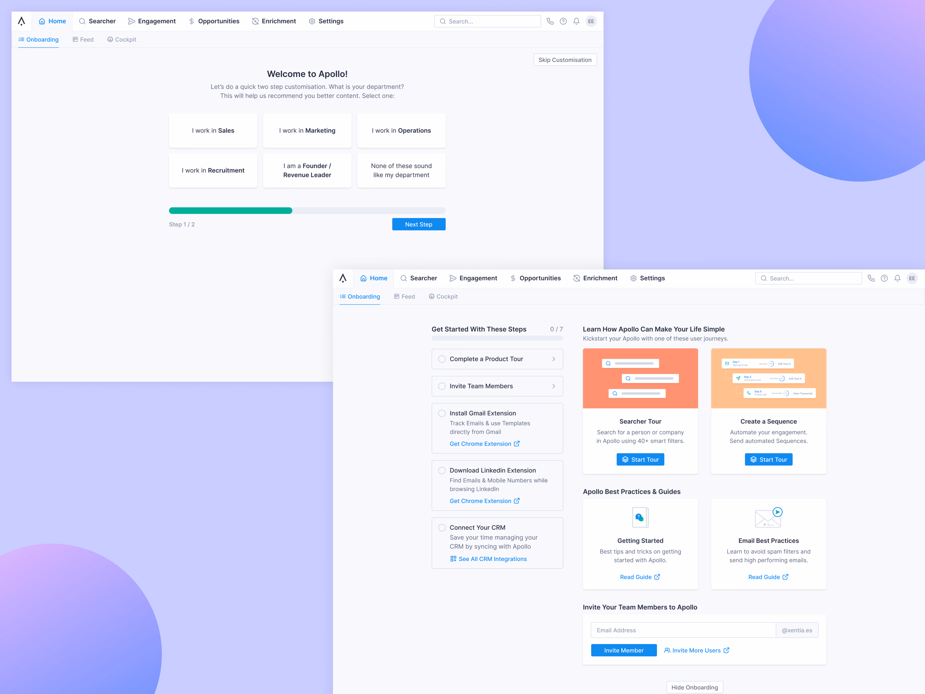Short onboarding with department picker for Apollo