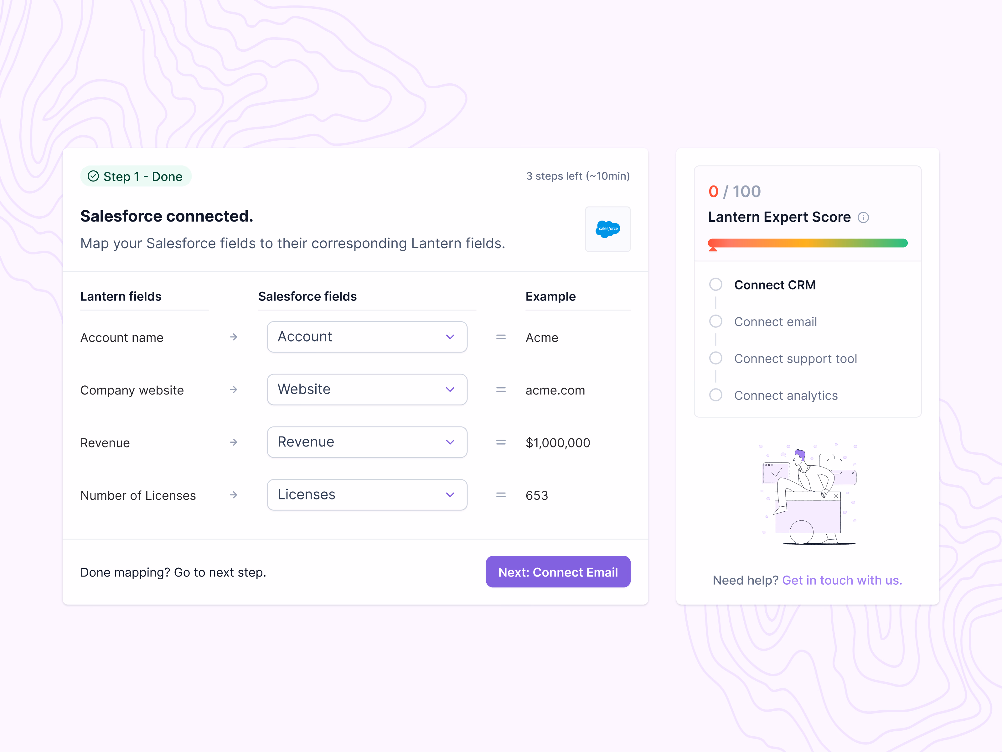 Salesforce field mapping onboarding step in Lantern