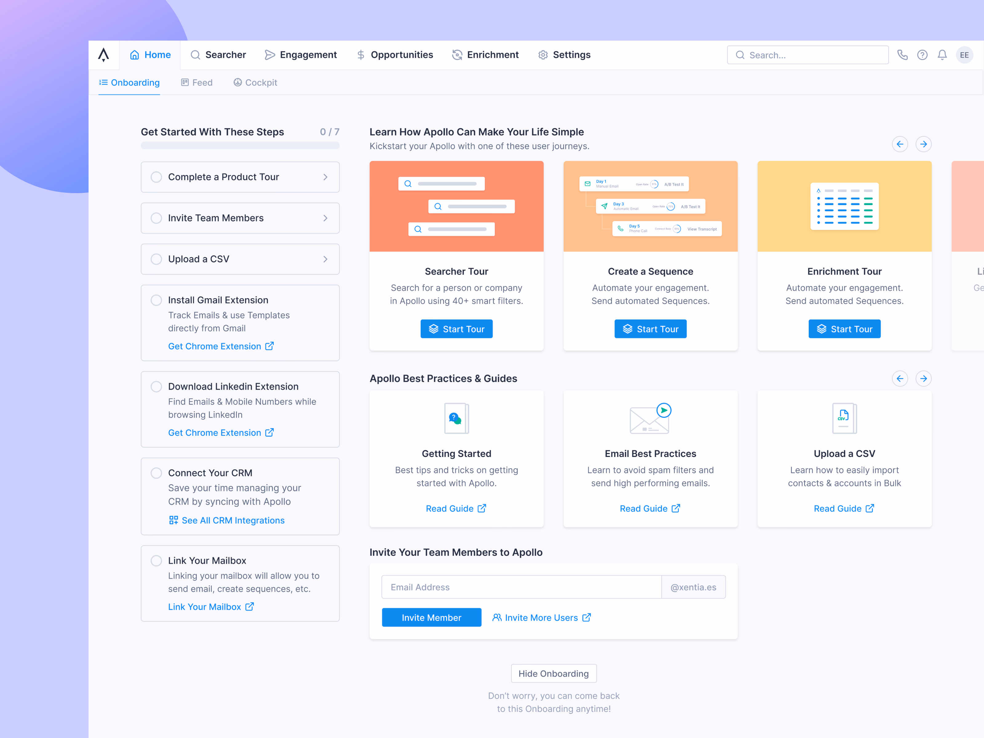 Onboarding home and setup checklist in Apollo