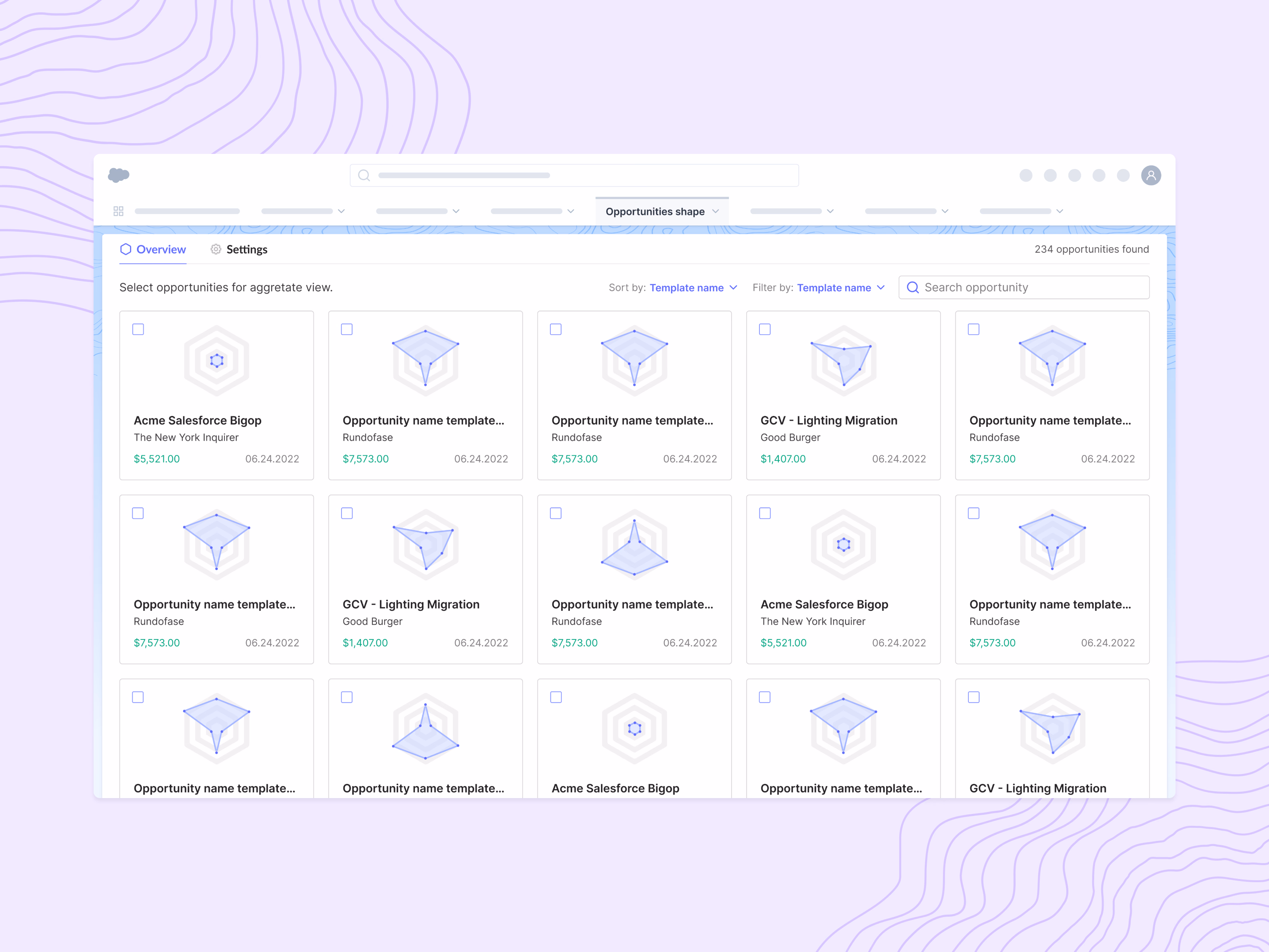 Opportunity shape card grid overview in Salesforce