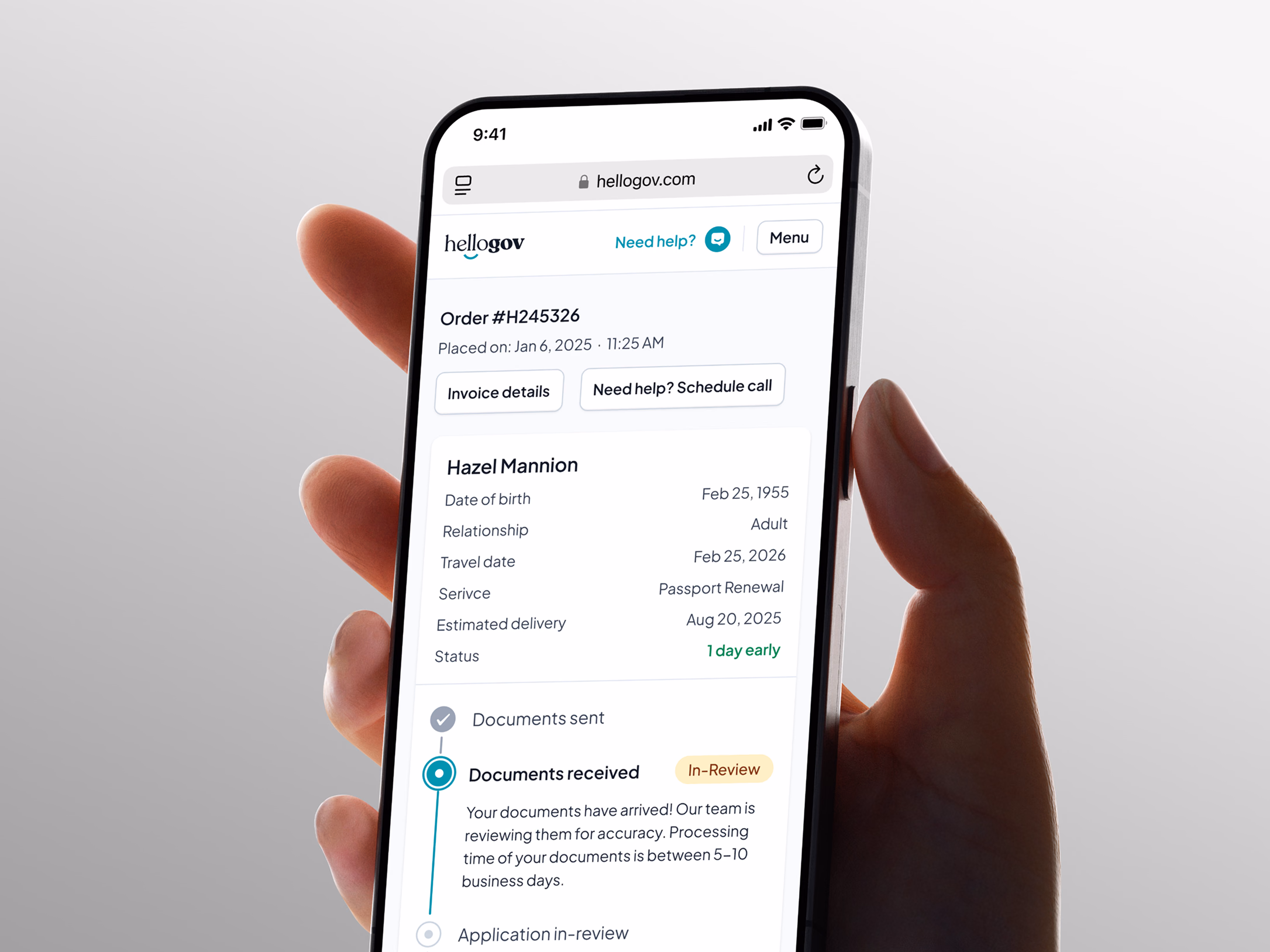 Passport order tracking page for HelloGov mobile