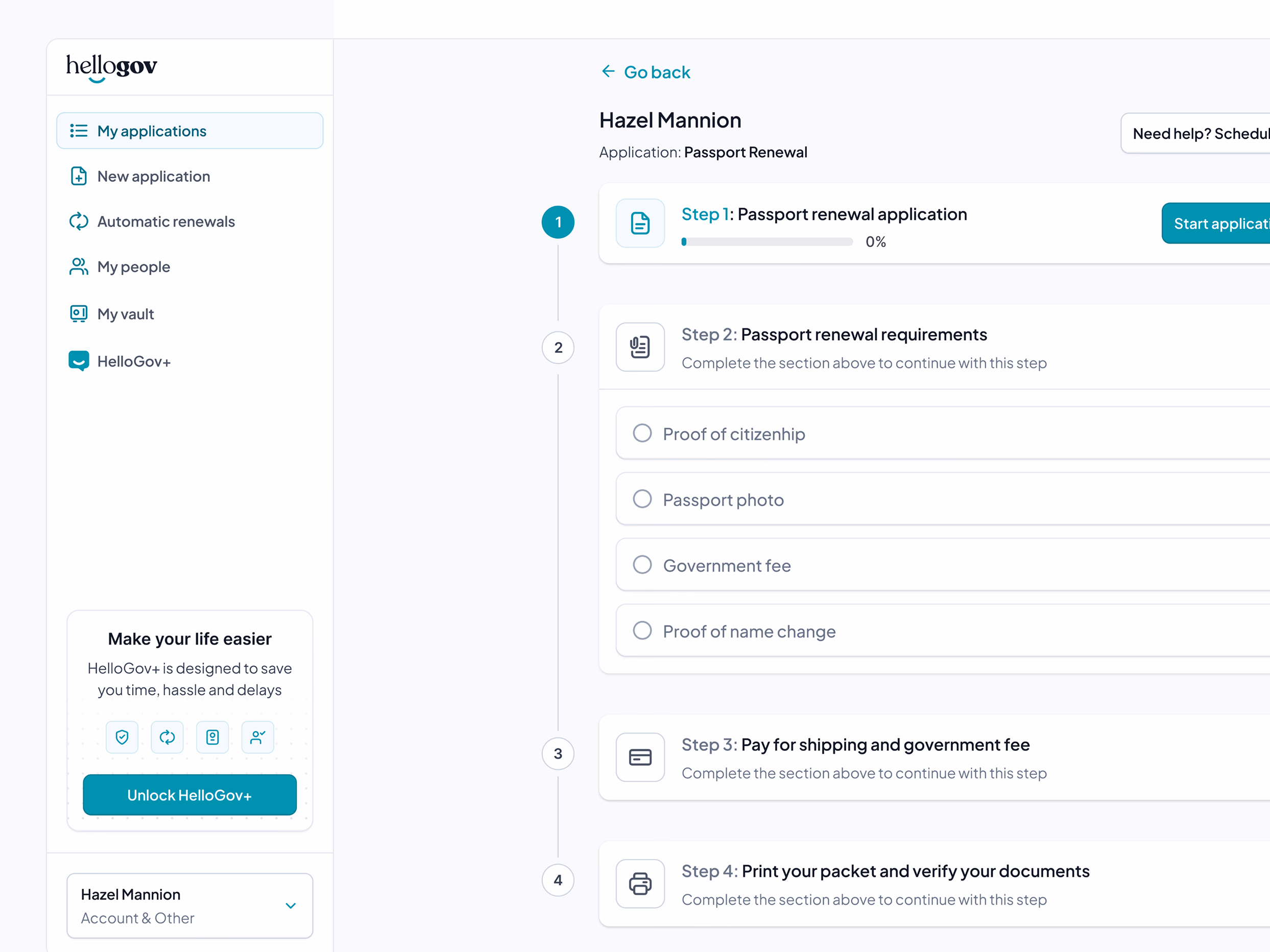 Passport renewal portal draft for HelloGov desktop