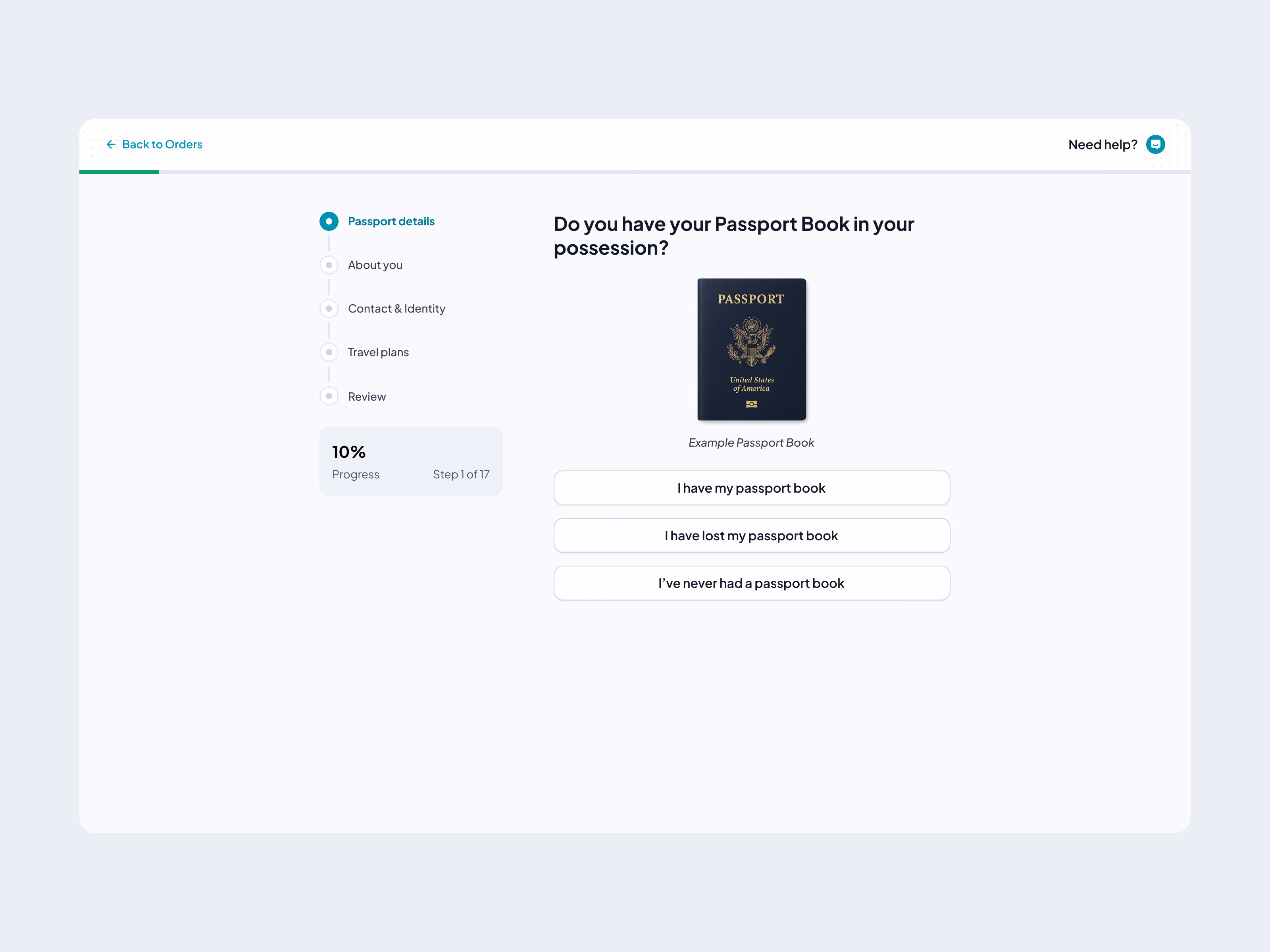 The same first step on desktop: a sidebar stepper at 10%, the passport book question and its three answers