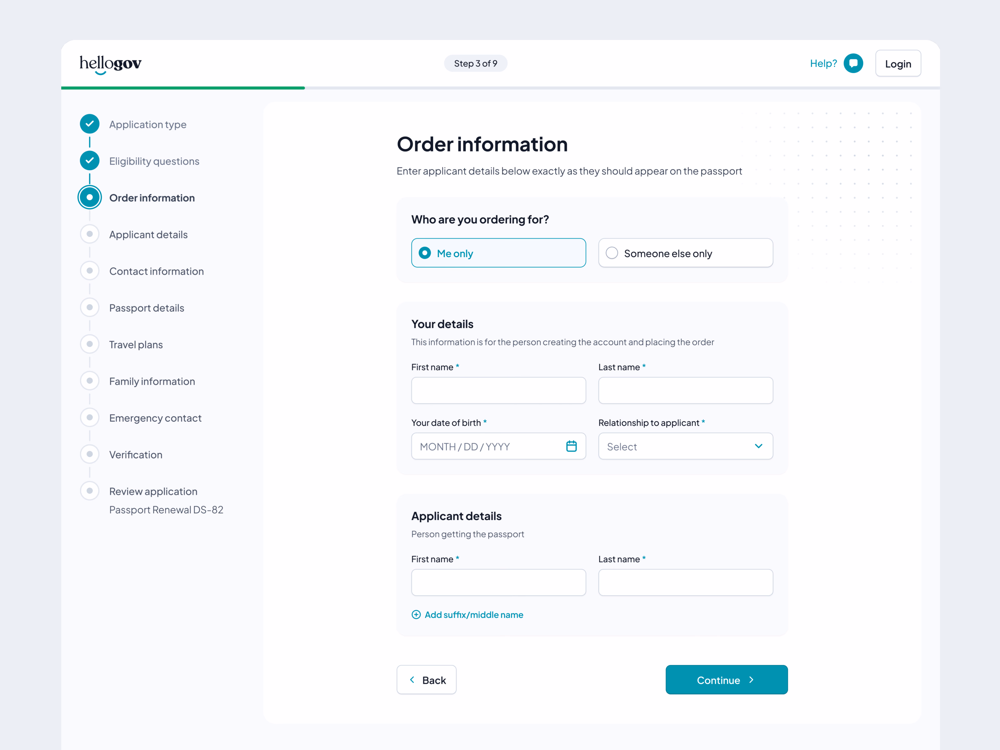 Order information on desktop, step 3 of 9: who you are ordering for, your details and the applicant's name