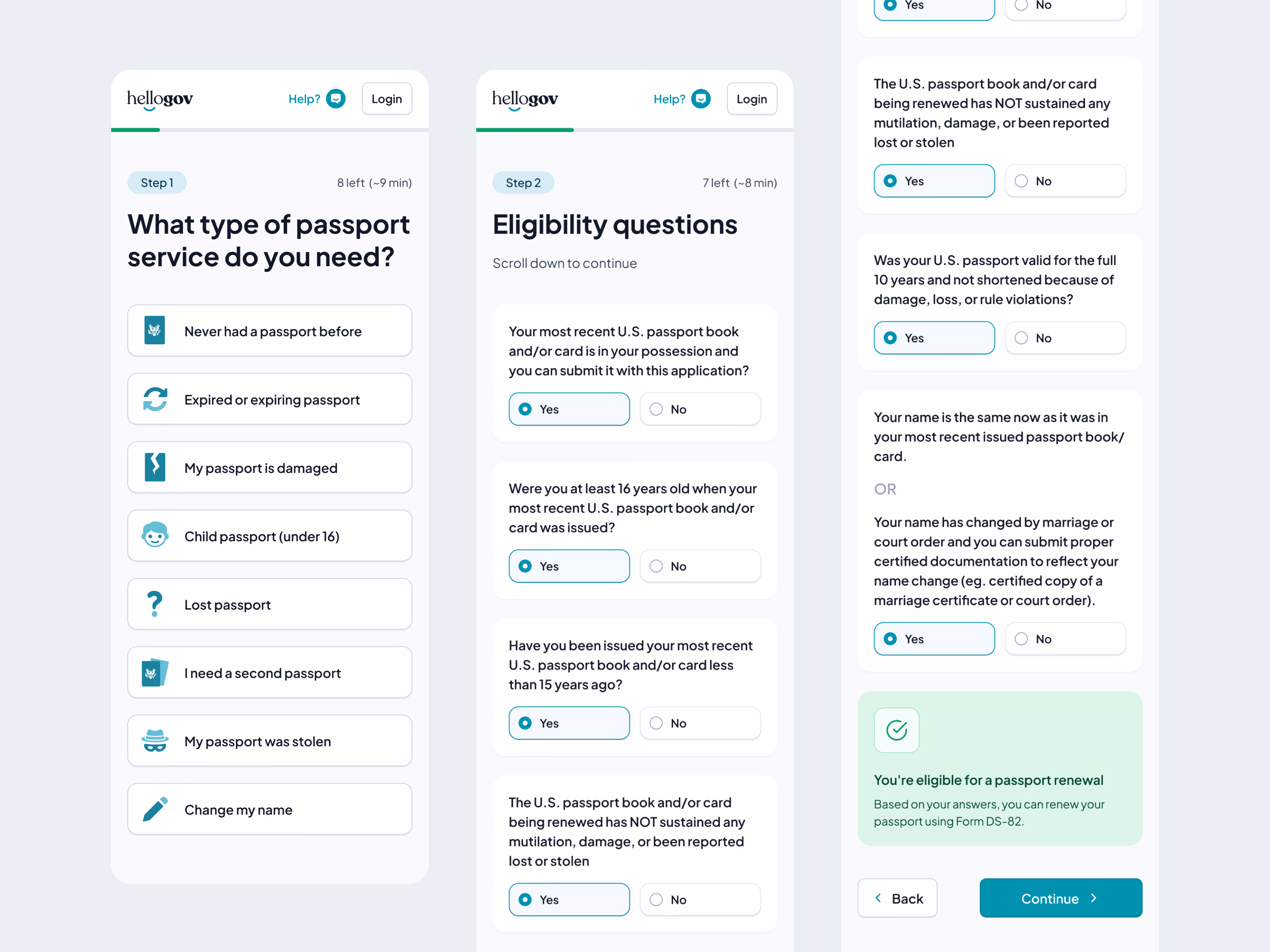 Mobile steps 1 and 2: picking the passport service from a list with icons, then eligibility questions ending in a green check
