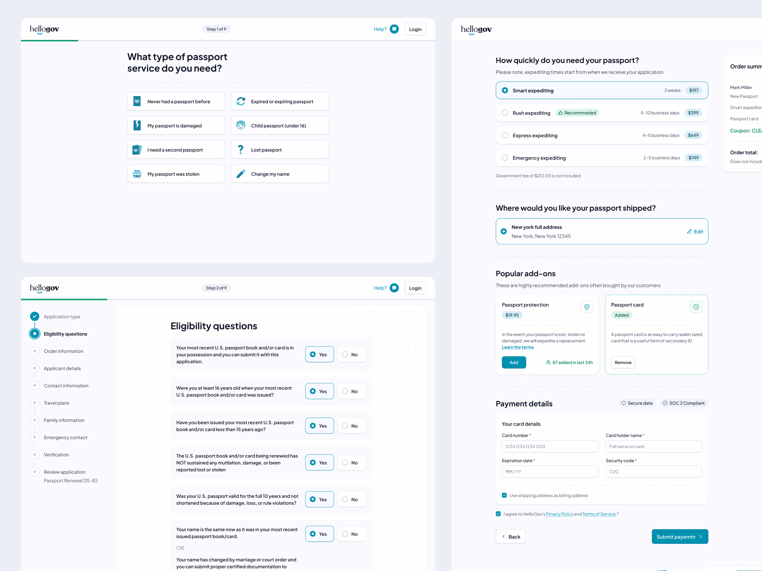 Passport application checkout flow for HelloGov
