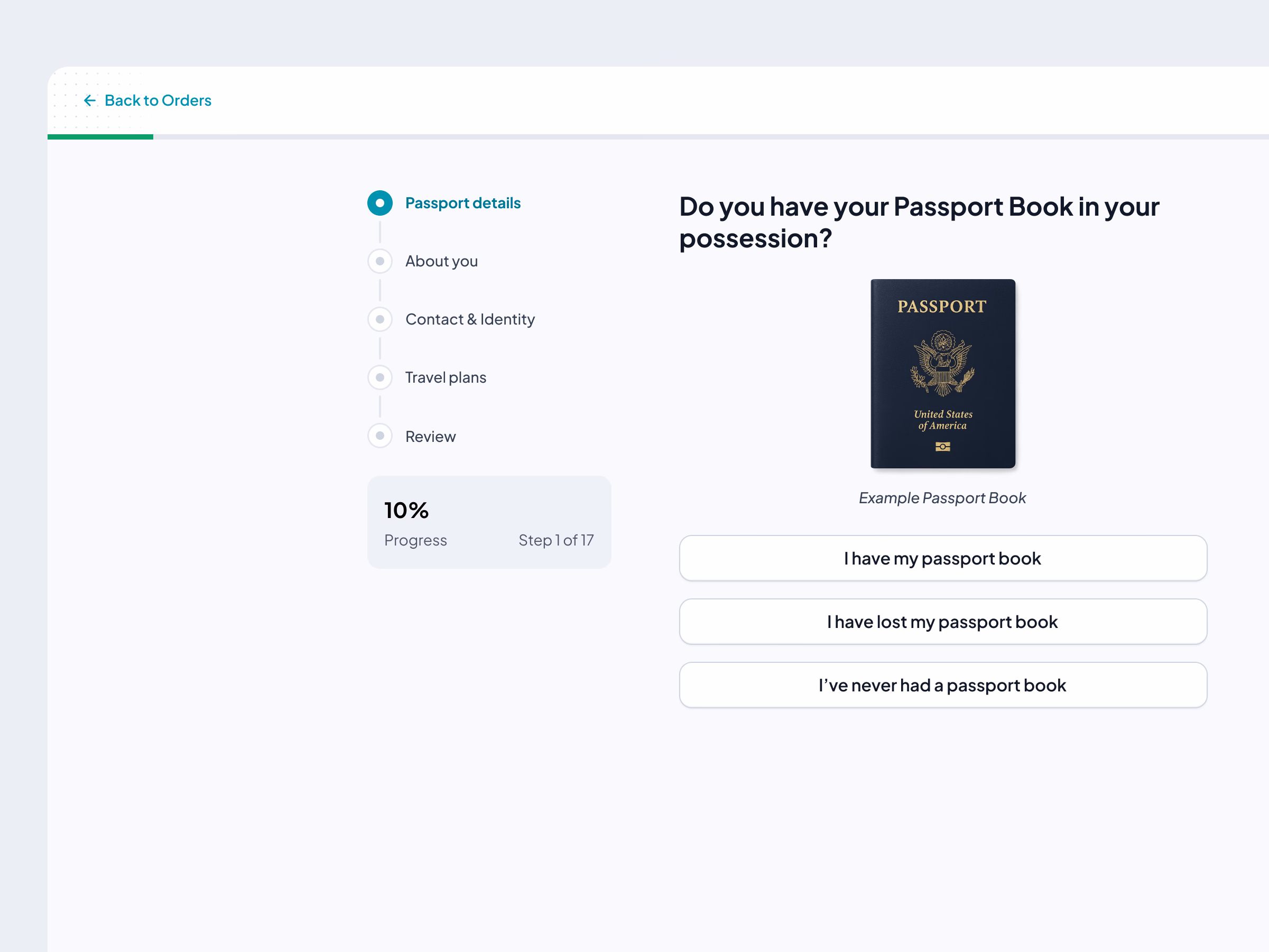 Passport application question screen for HelloGov