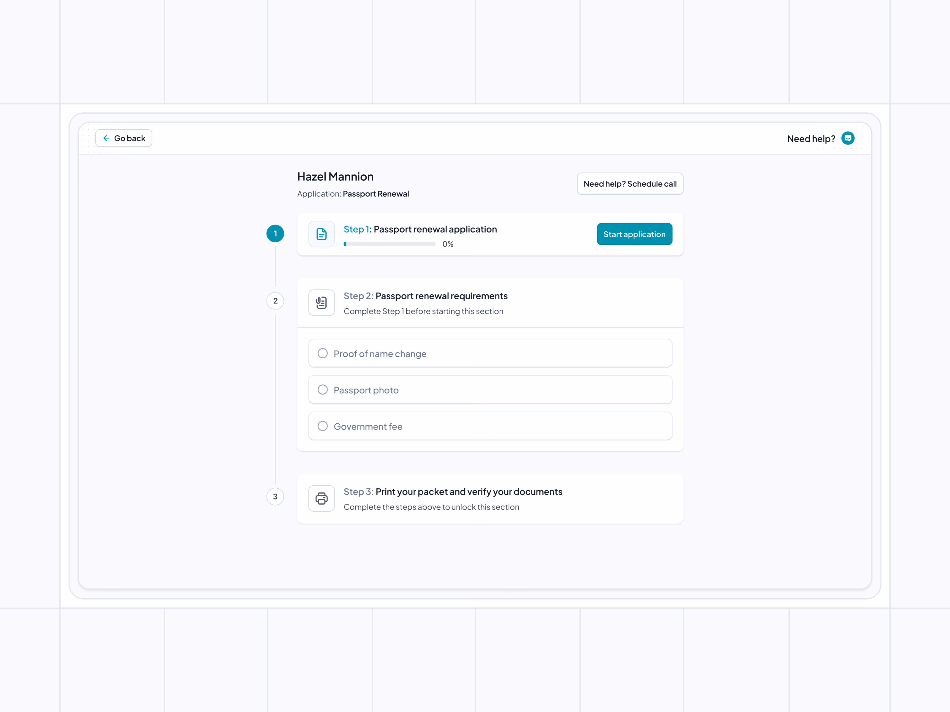 Passport renewal application steps page for HelloGov