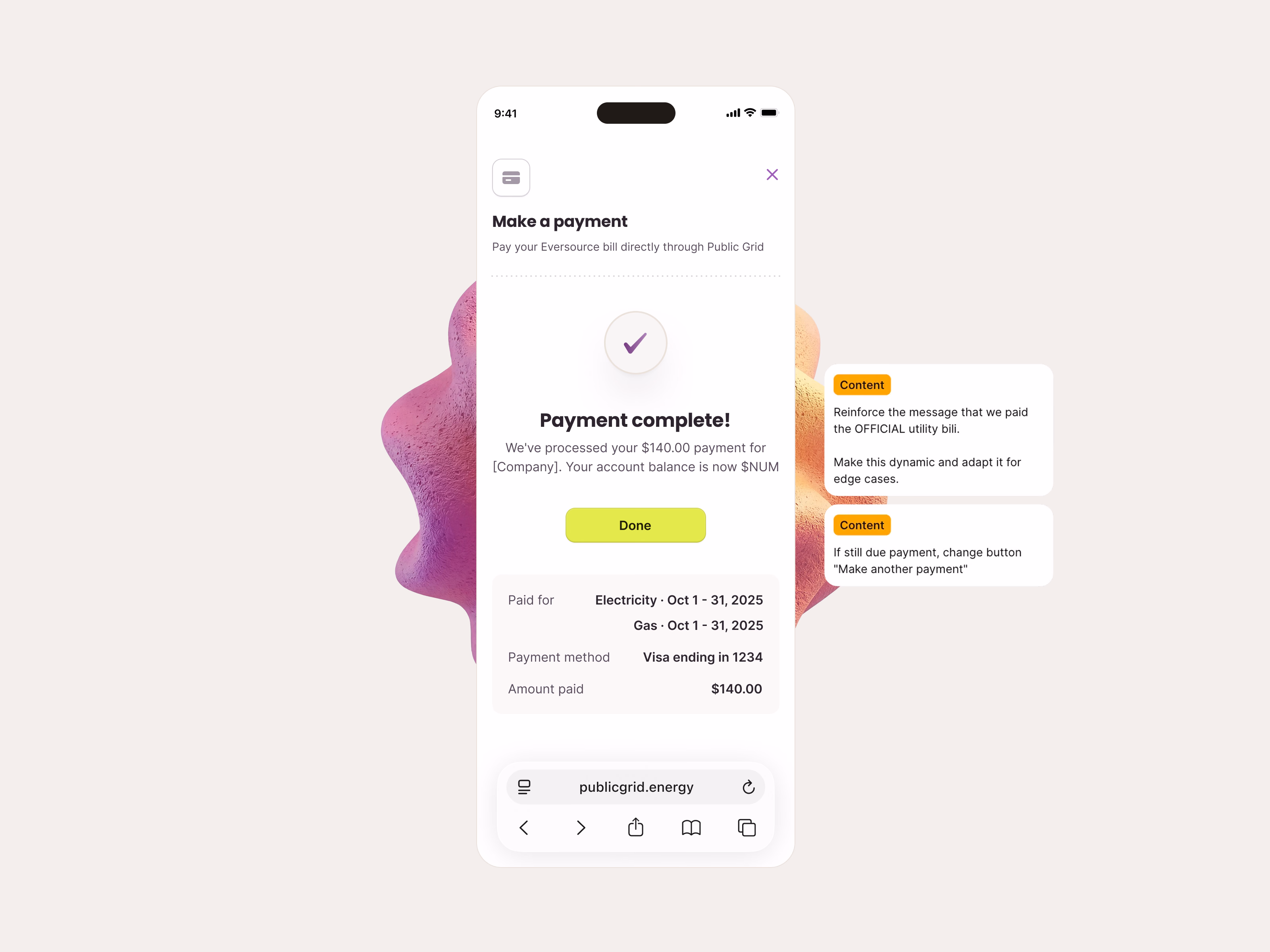 Payment confirmation handoff notes for Public Grid