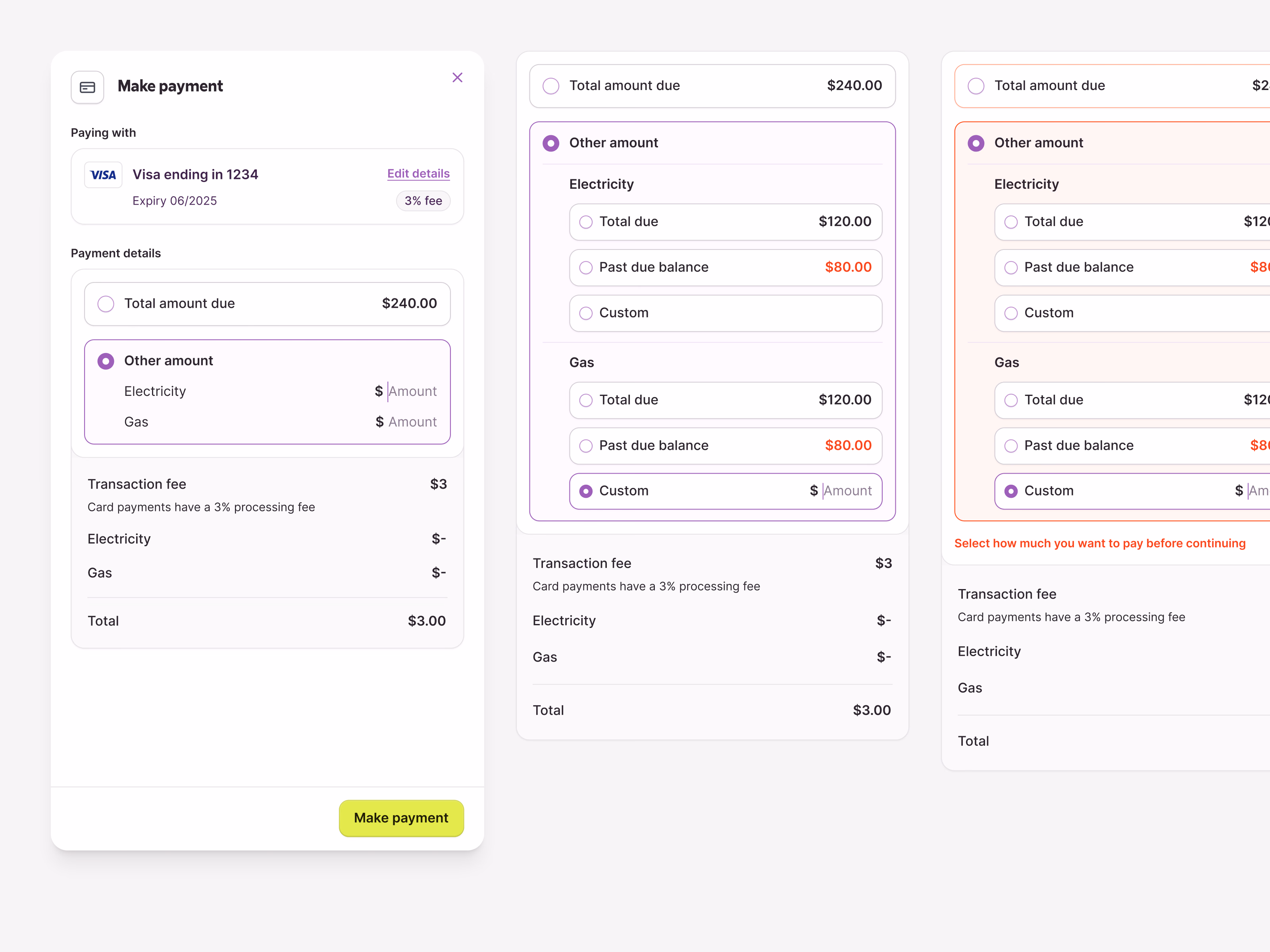 Utility payment amount error states for Public Grid