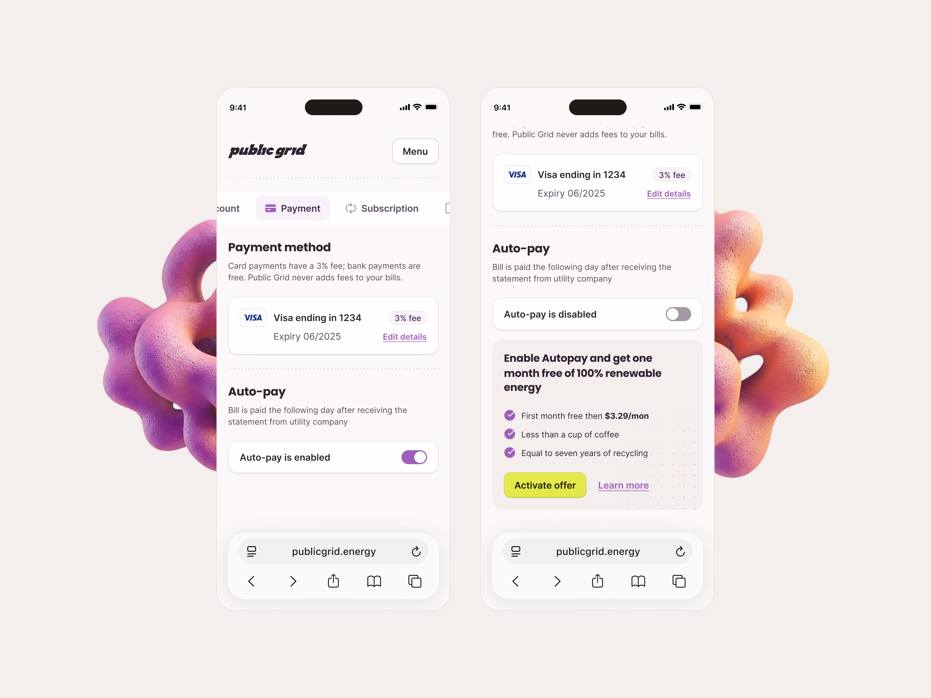 Mobile payment and autopay settings for Public Grid