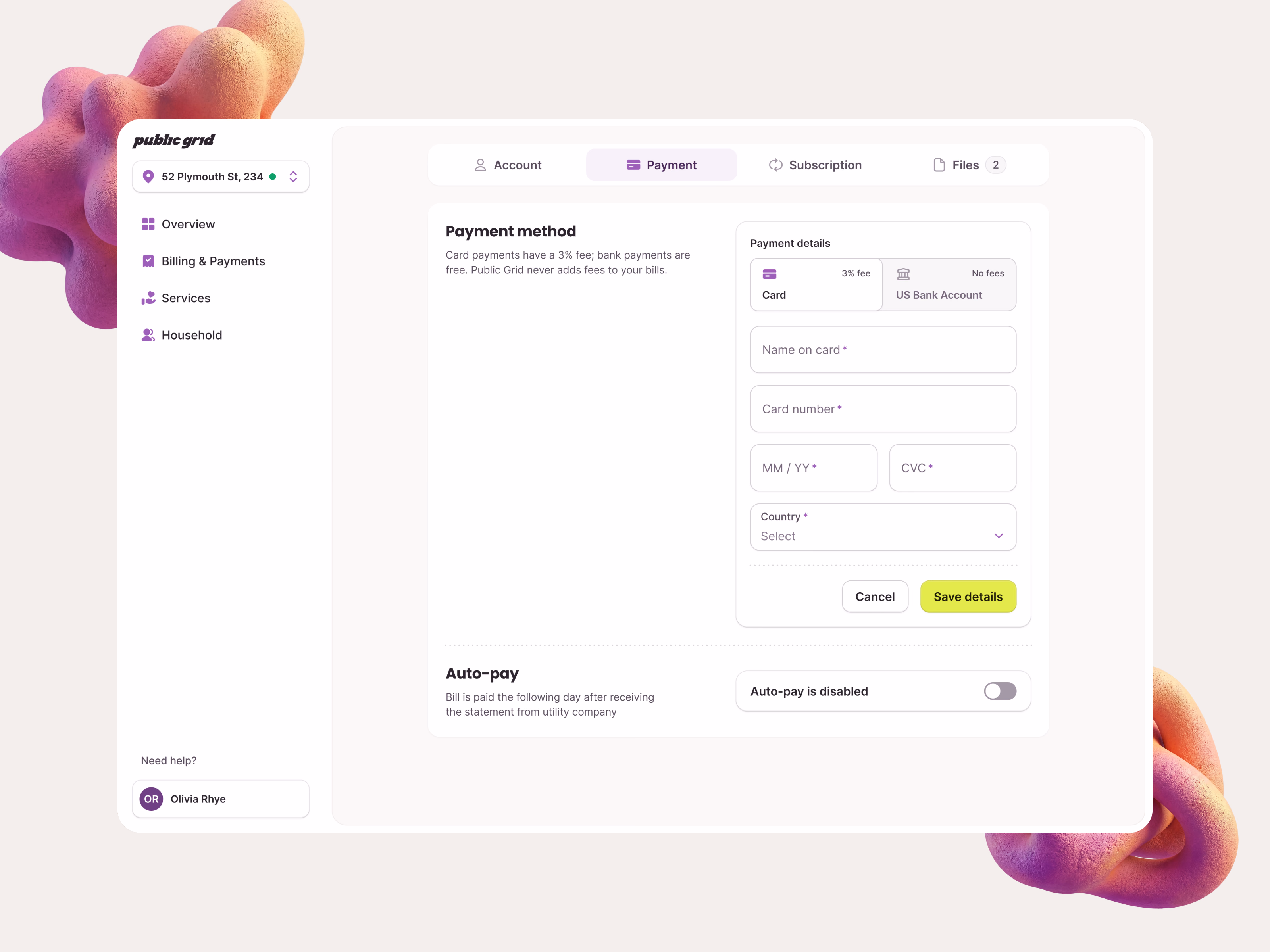 Add card or bank account form for Public Grid