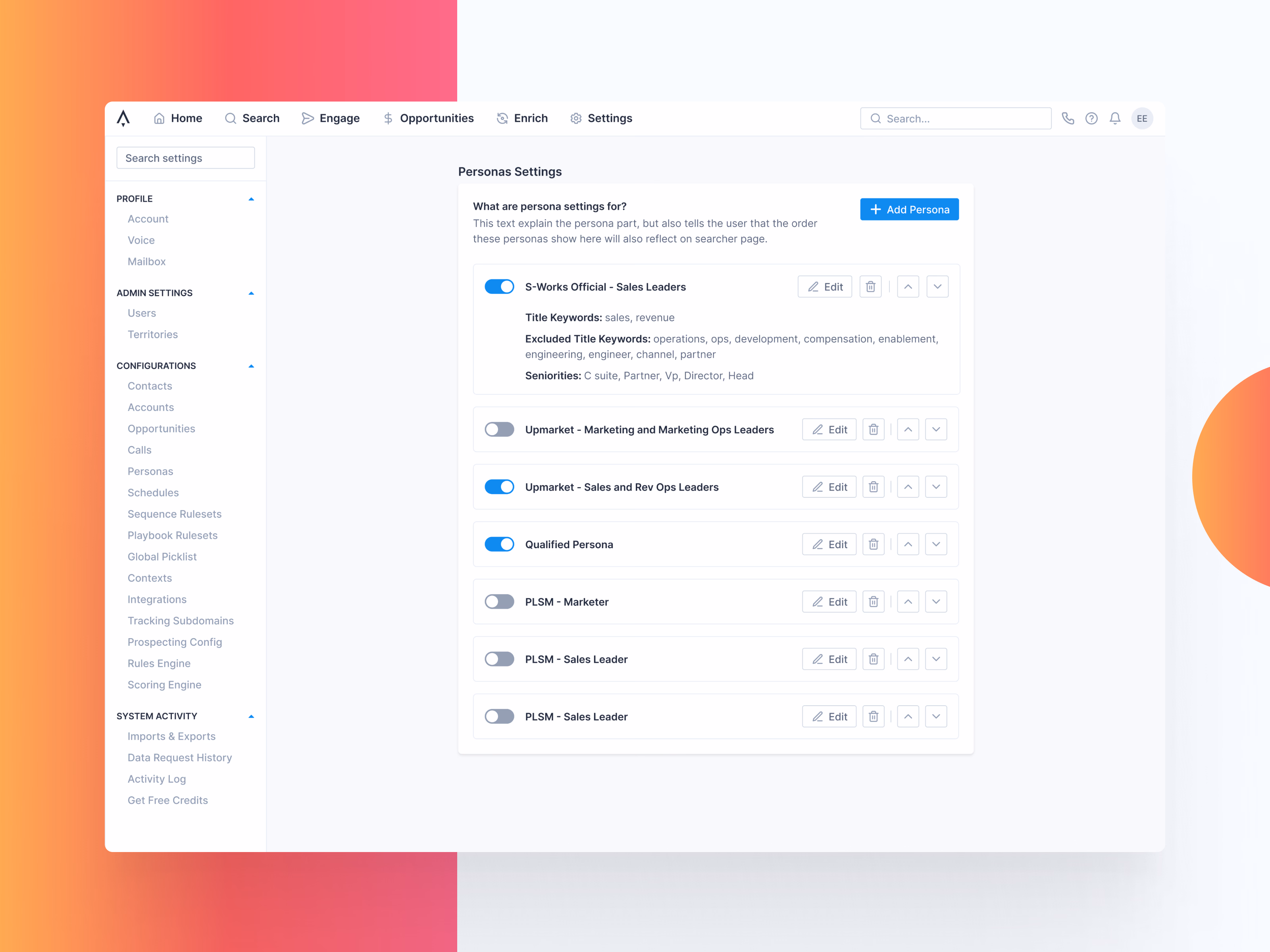 Persona settings for job title targeting in Apollo