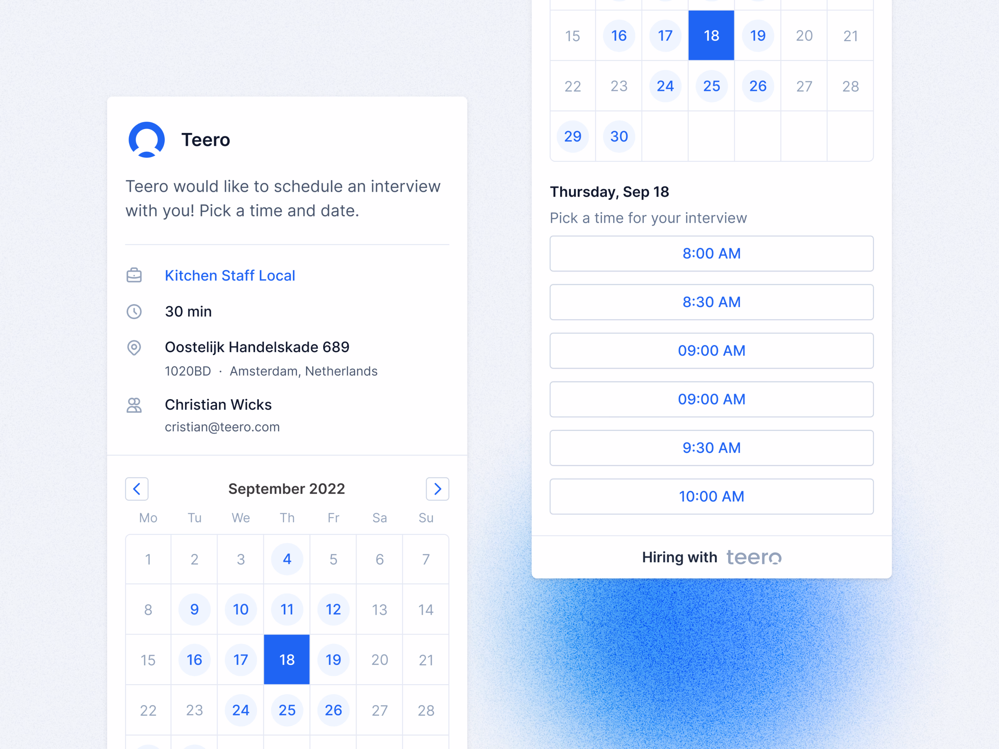 Mobile interview booking page for Teero candidates