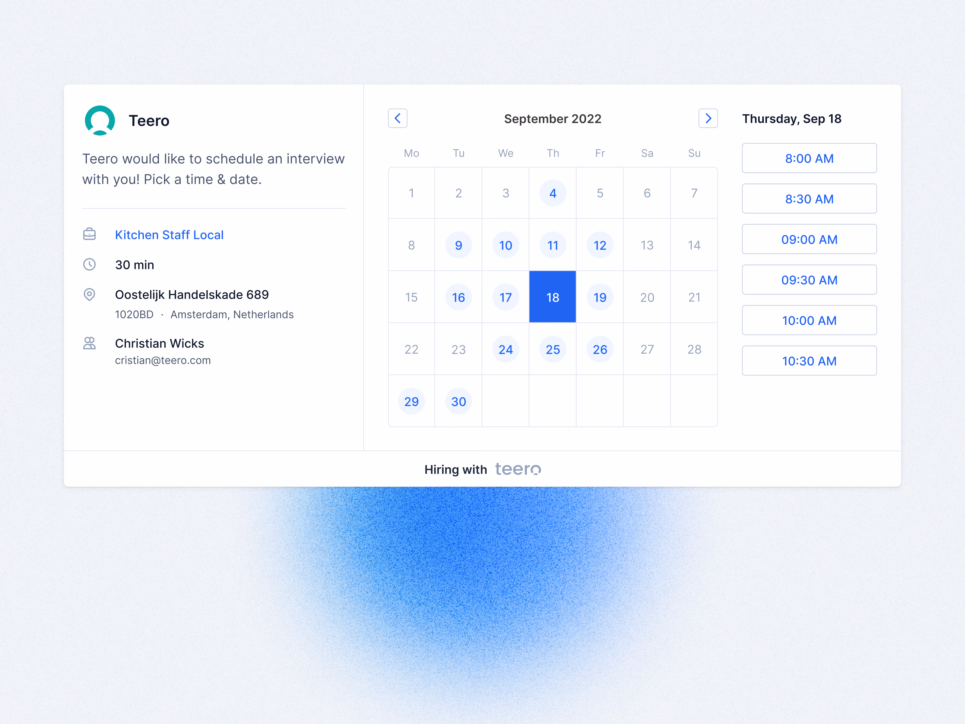 Interview scheduling page for Teero candidates