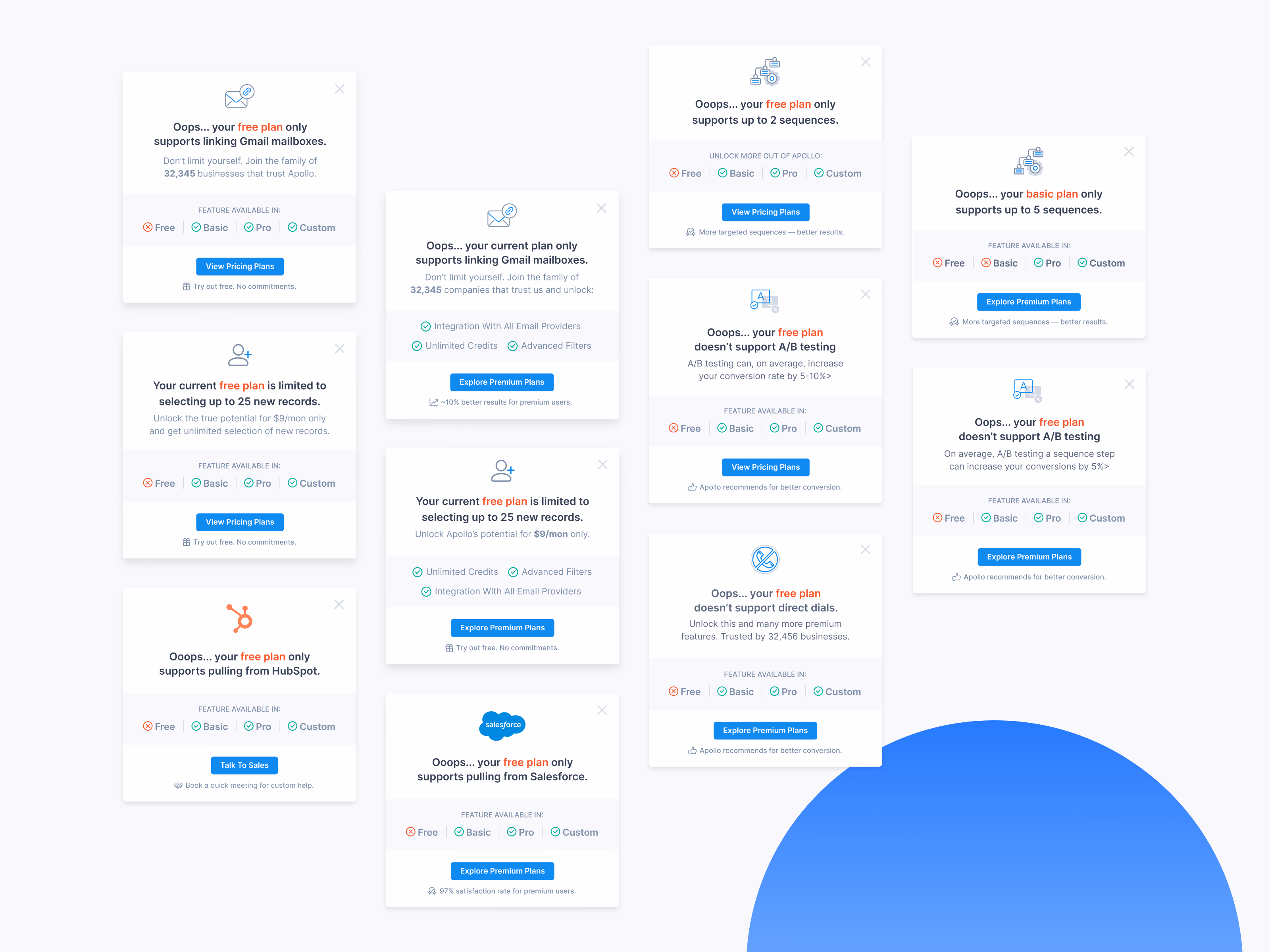 Upgrade popups for plan limits in Apollo