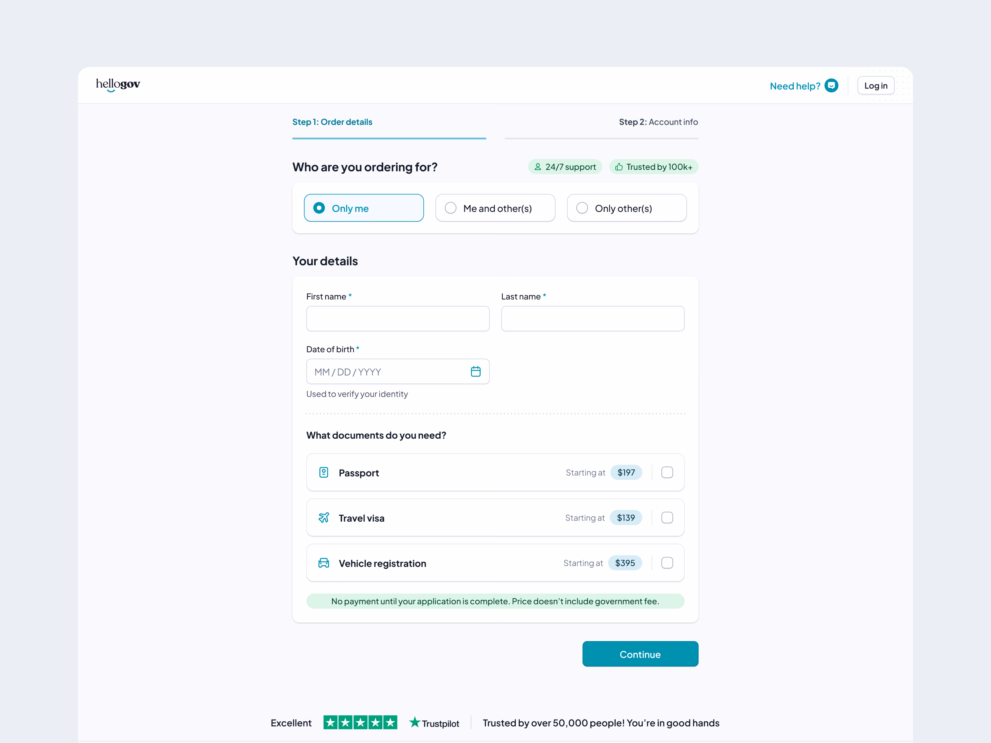 Checkout step 1: who you are ordering for, your name and birth date, documents with starting prices, and a no-payment note