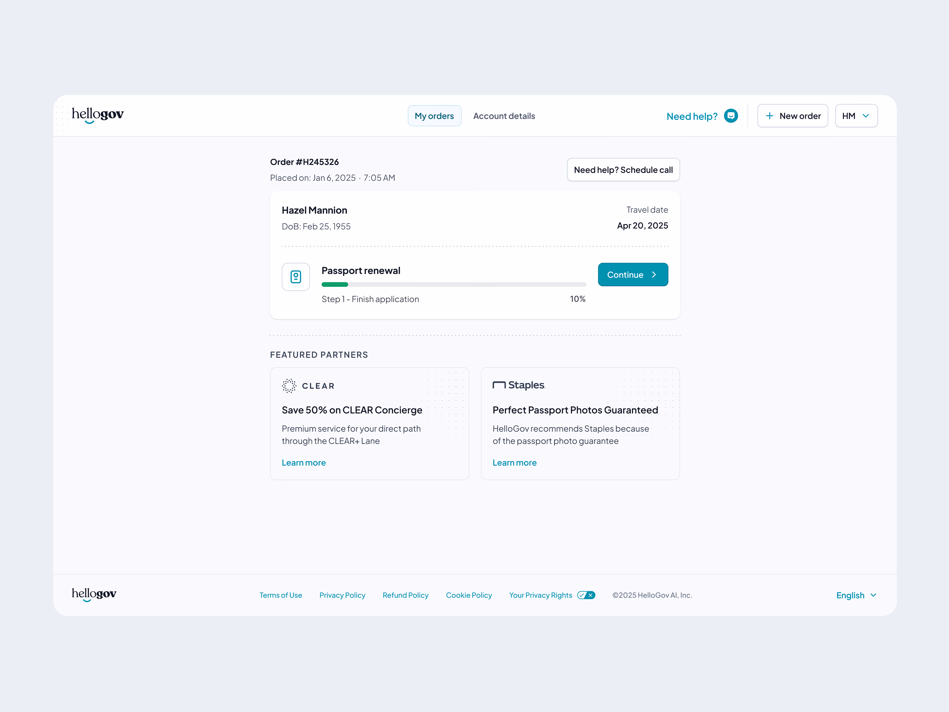 Order dashboard: one passport renewal card with a progress bar and Continue, above CLEAR and Staples partner offers