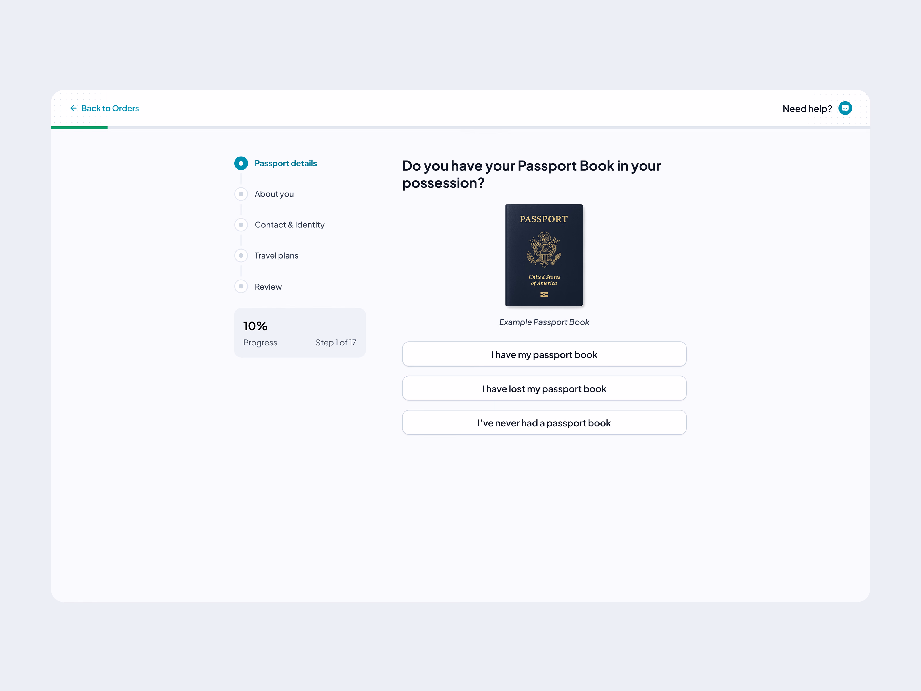 First step of the 17-step application: a sidebar stepper and the question about having your passport book