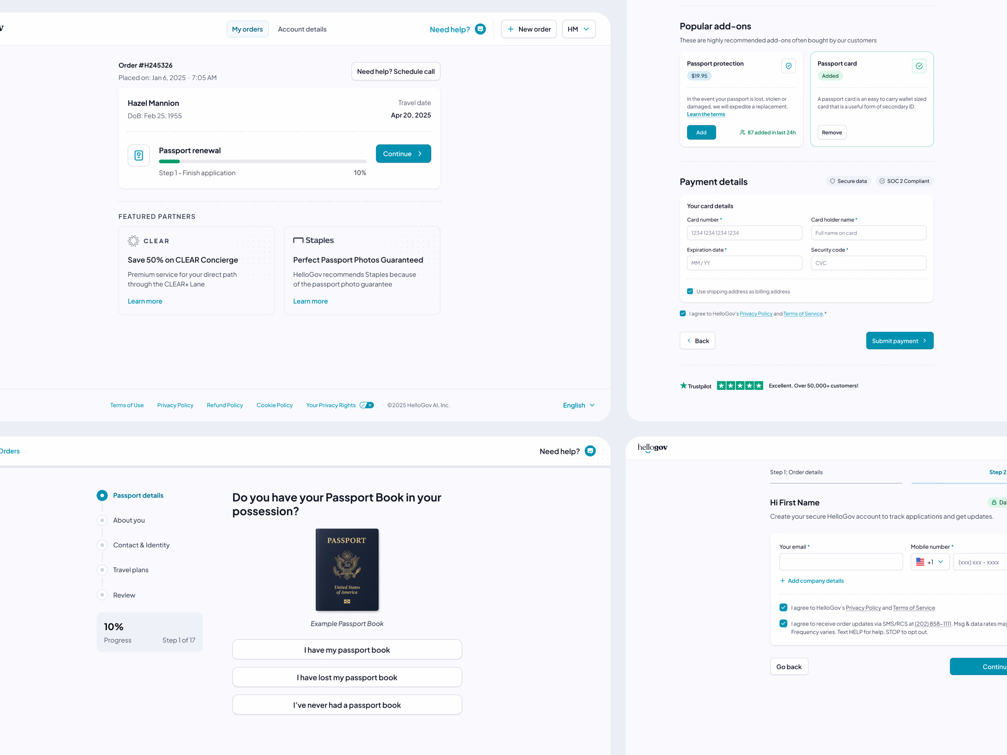 Post-pay passport checkout flow for HelloGov
