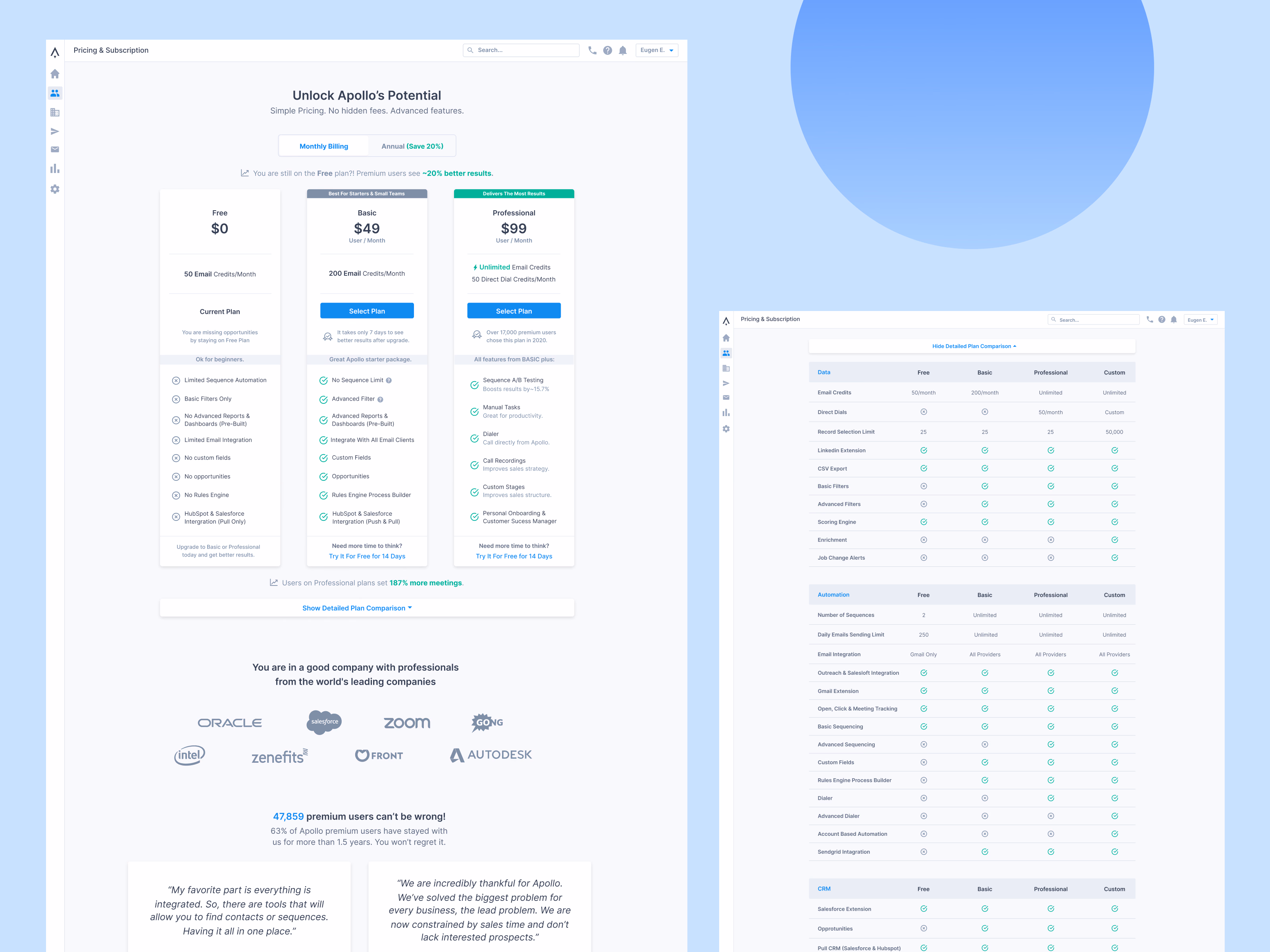 In-app pricing page draft for Apollo plans