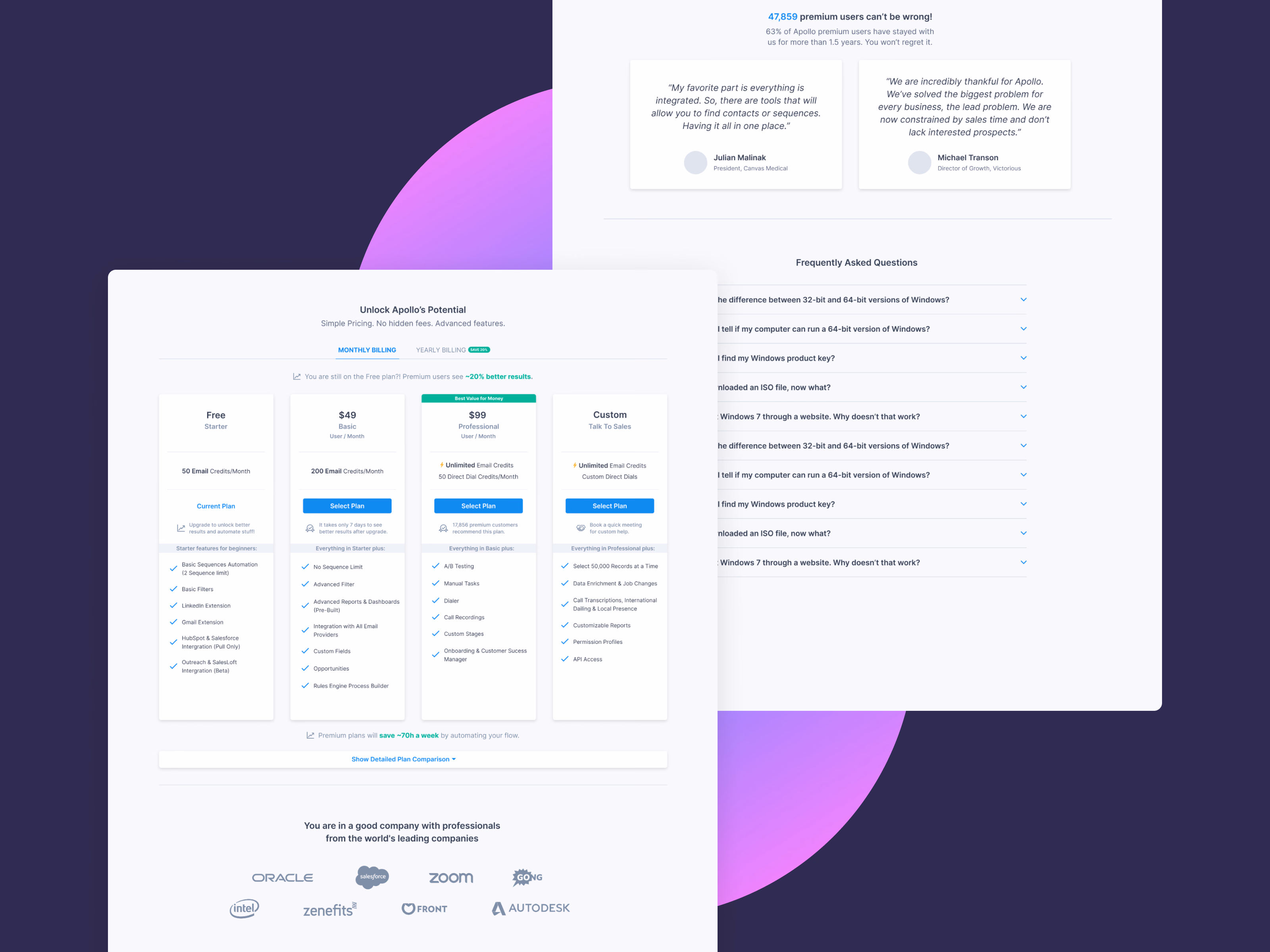 In-app upgrade pricing page for Apollo