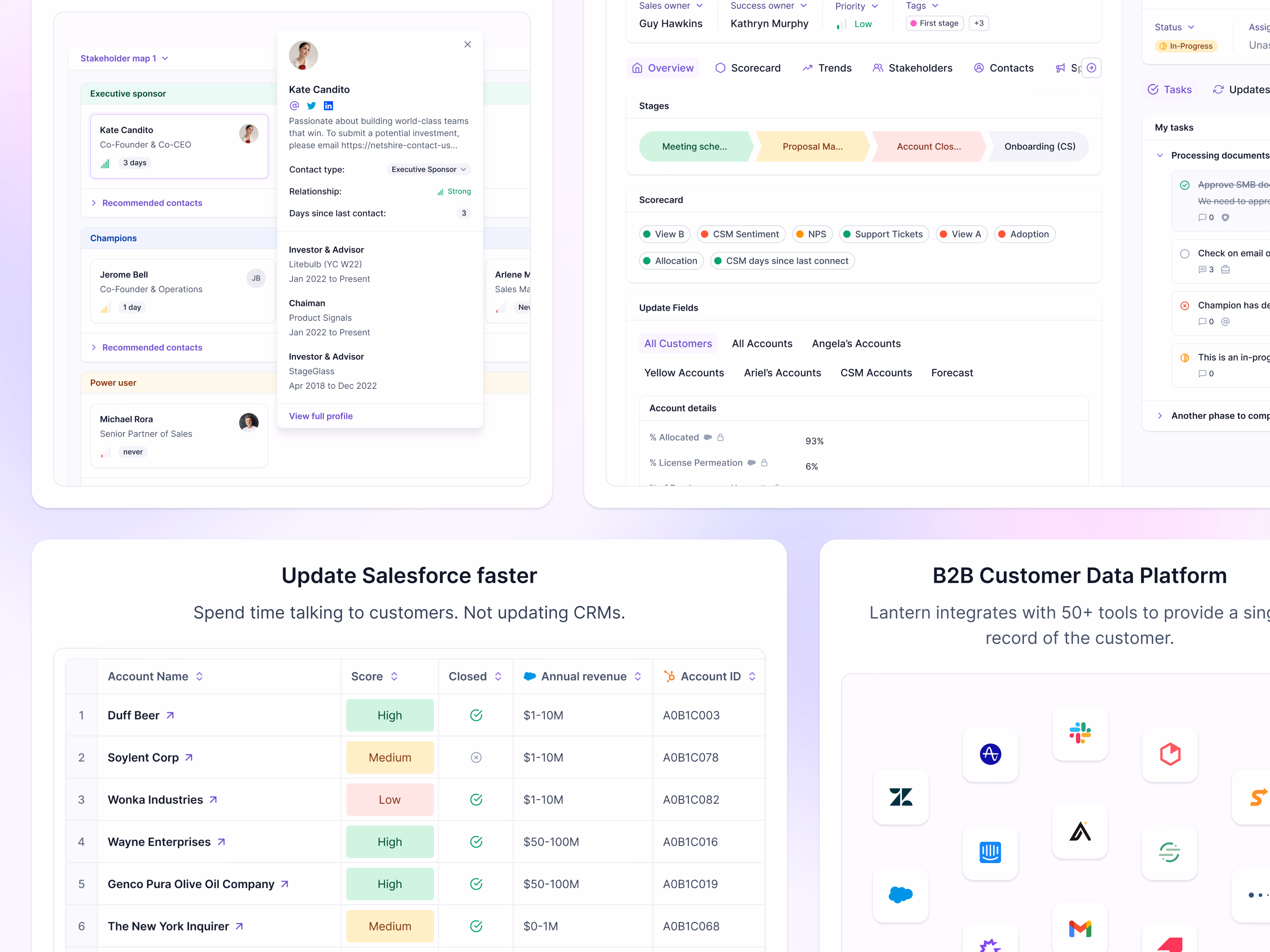 Product feature cards for Lantern AI CRM website
