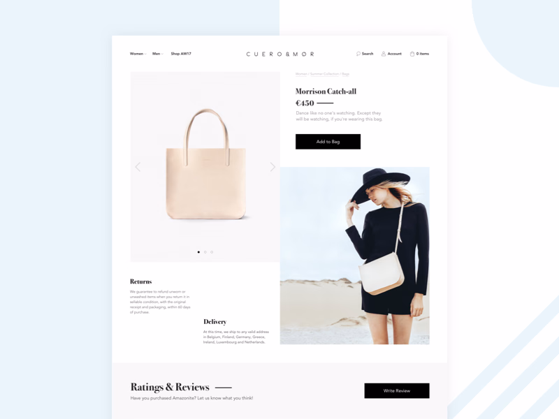Bag product page for Cuero&Mor online store