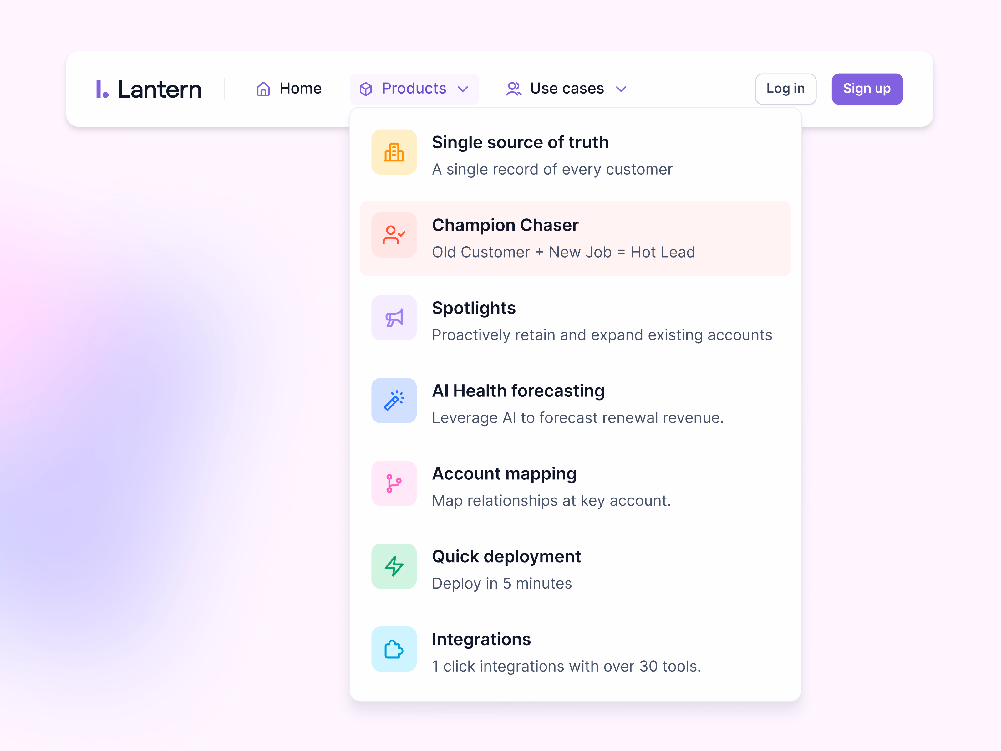 Products menu hover state on Lantern's website