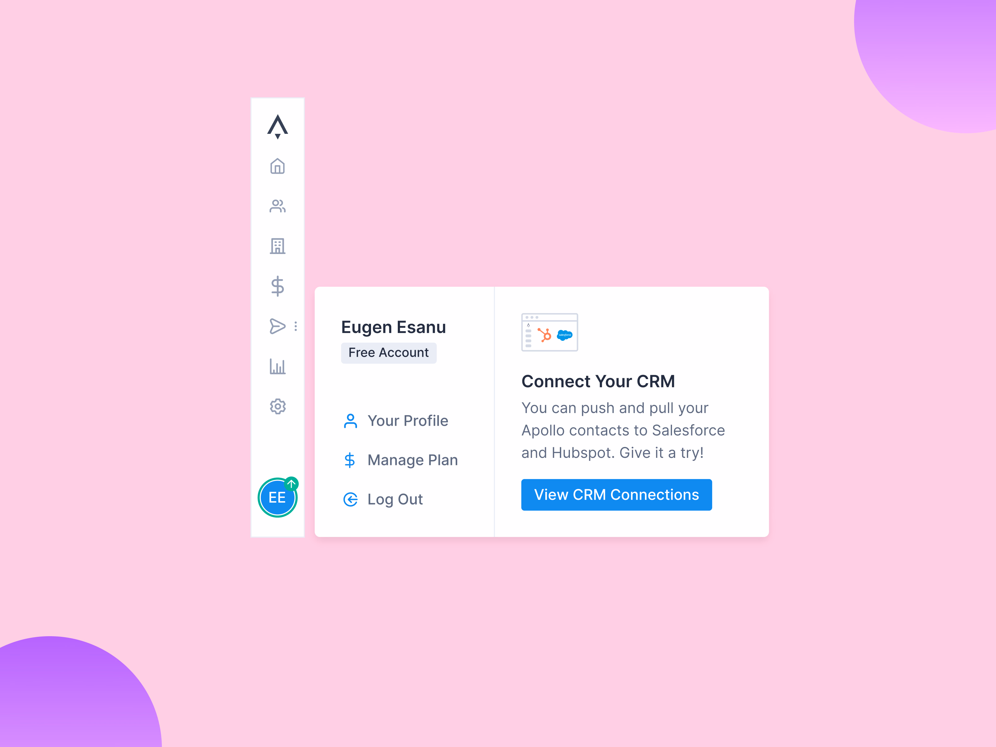 Profile avatar menu with CRM prompt in Apollo