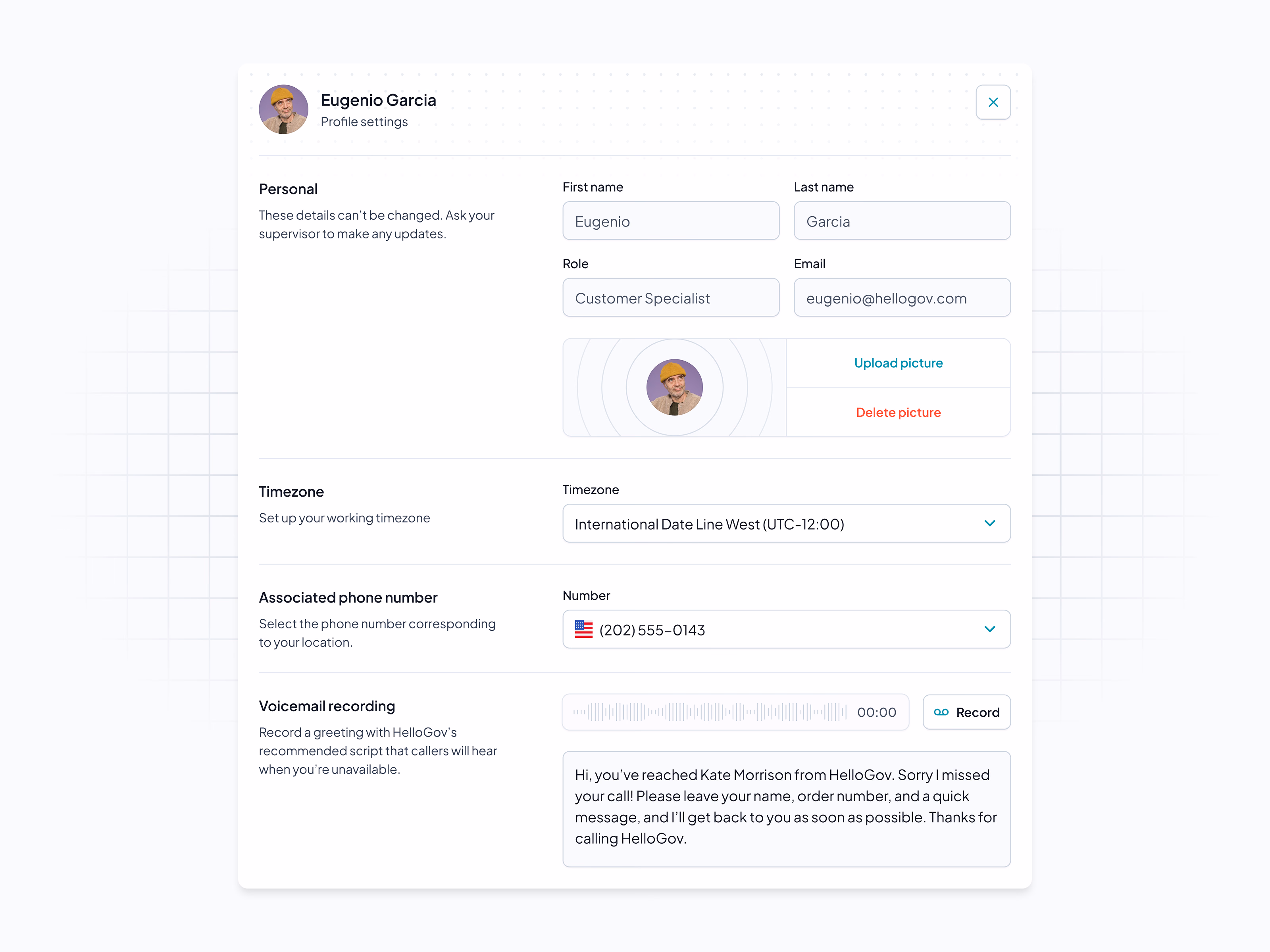 Support agent profile settings for HelloGov