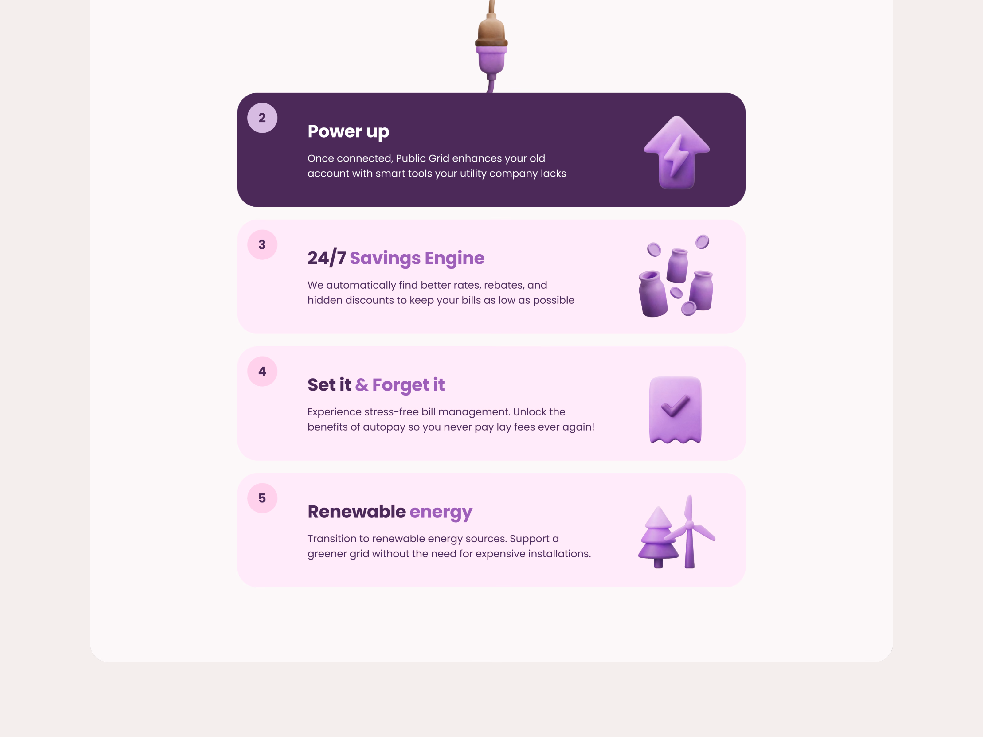 How it works steps 2 to 5 as numbered cards with clay icons, a plug above them and Power up active in dark purple