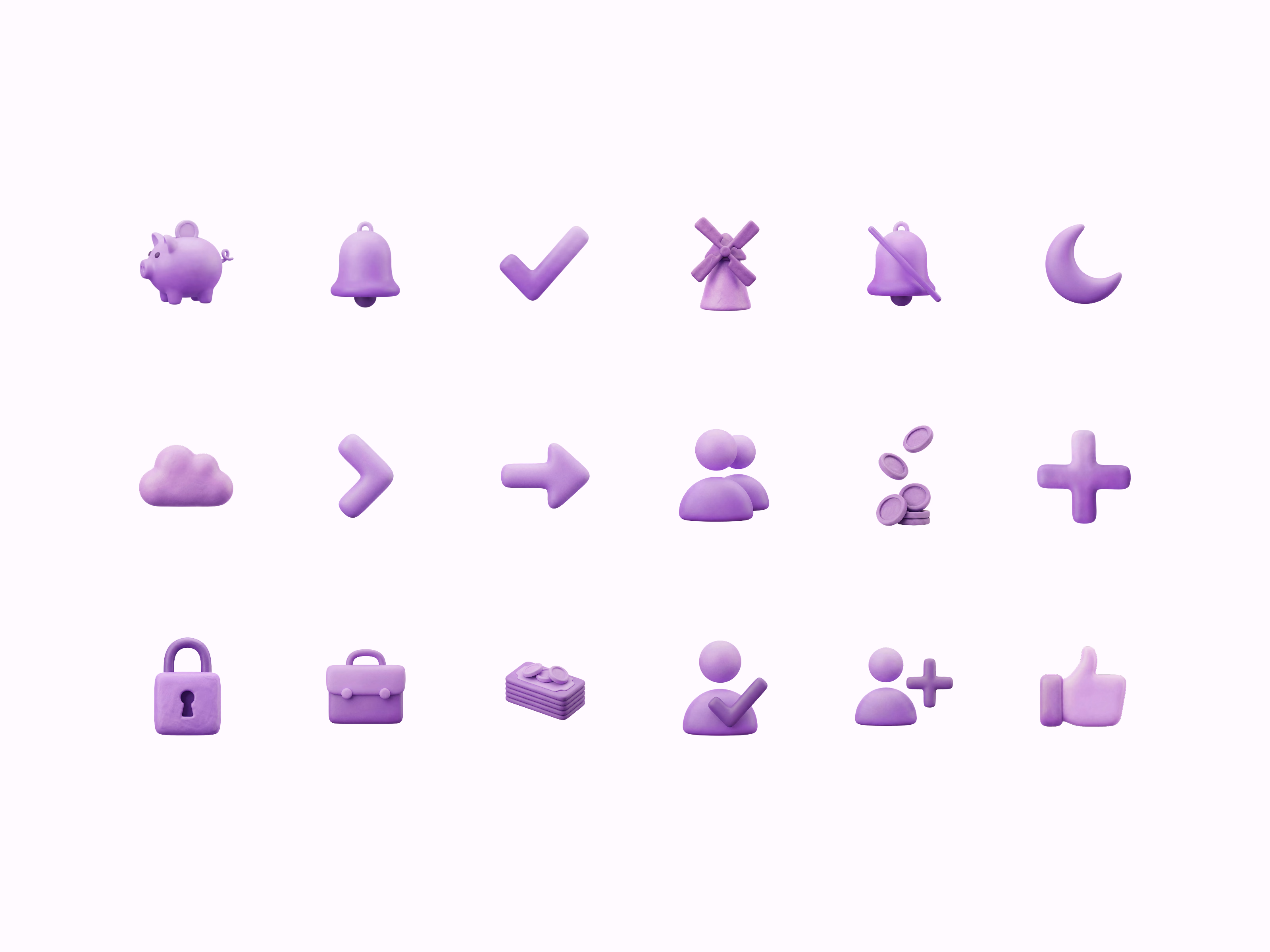 Purple clay icon set: piggy bank, bells, check mark, windmill, moon, cloud, arrows, people, coins, padlock, thumbs up