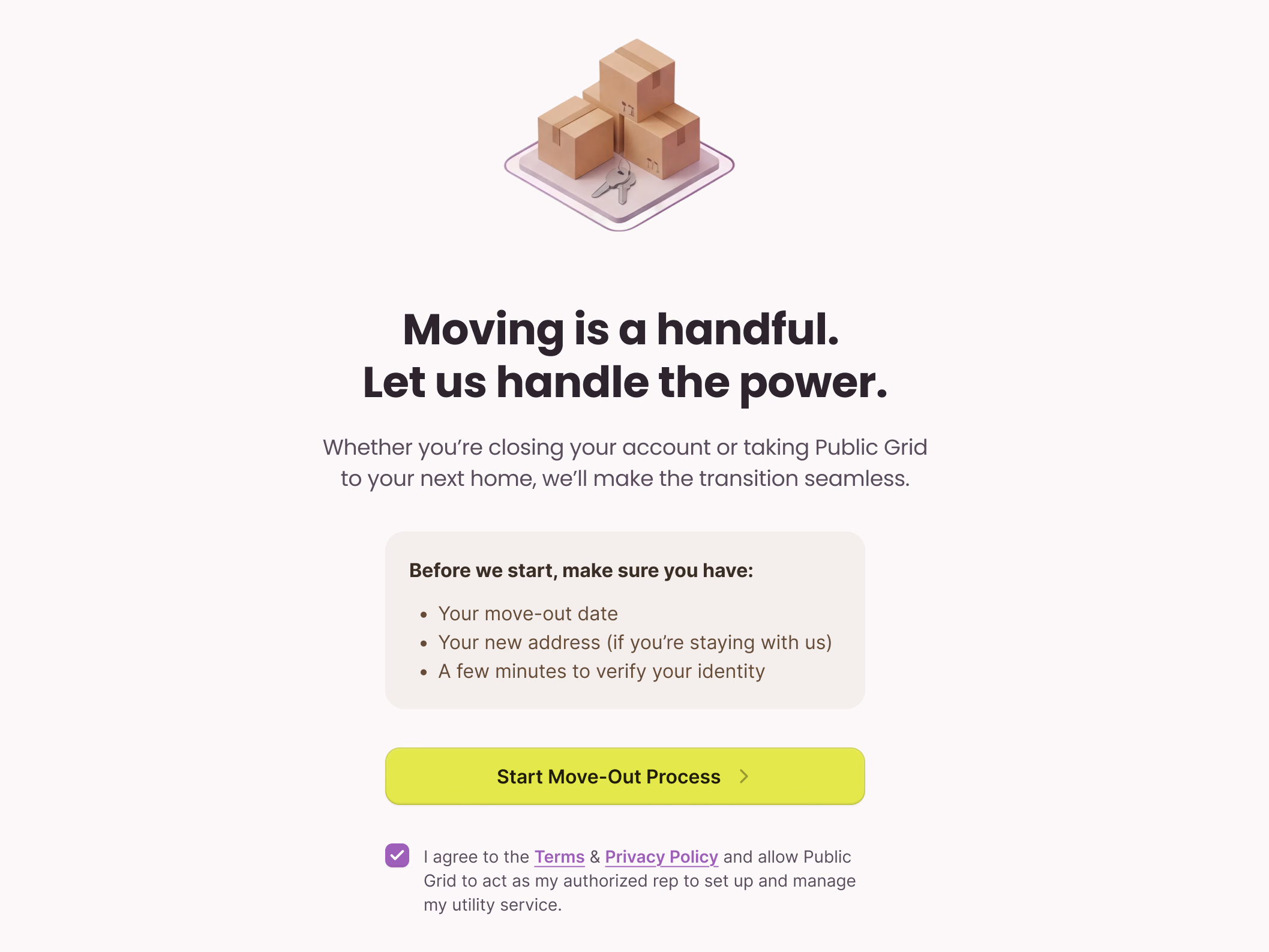 Move-out flow start screen for Public Grid utilities