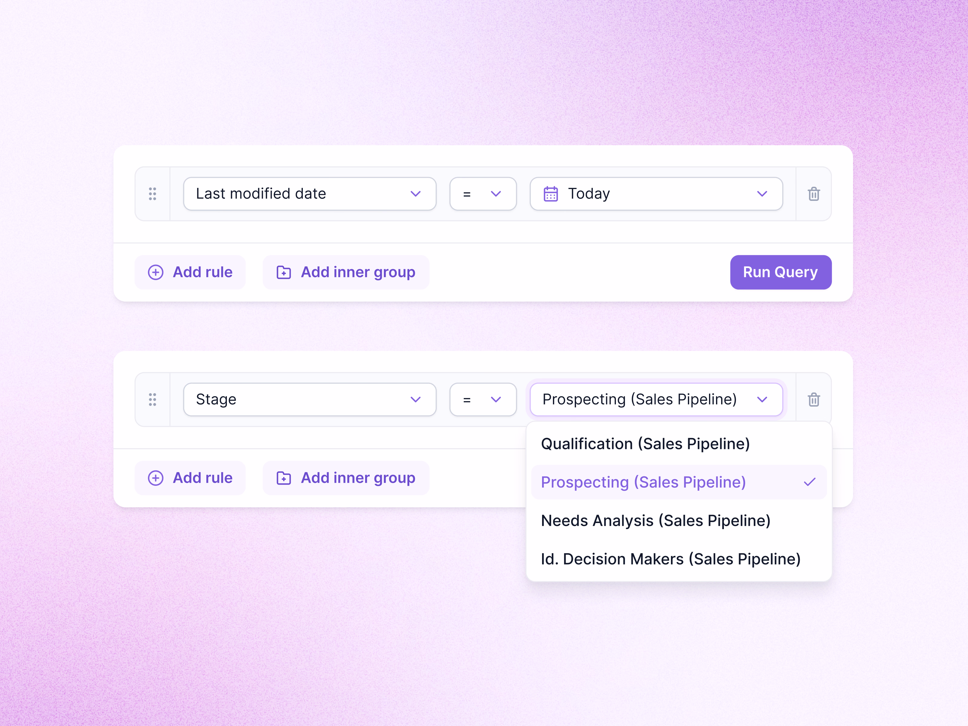 Date and stage rule states in Lantern query builder