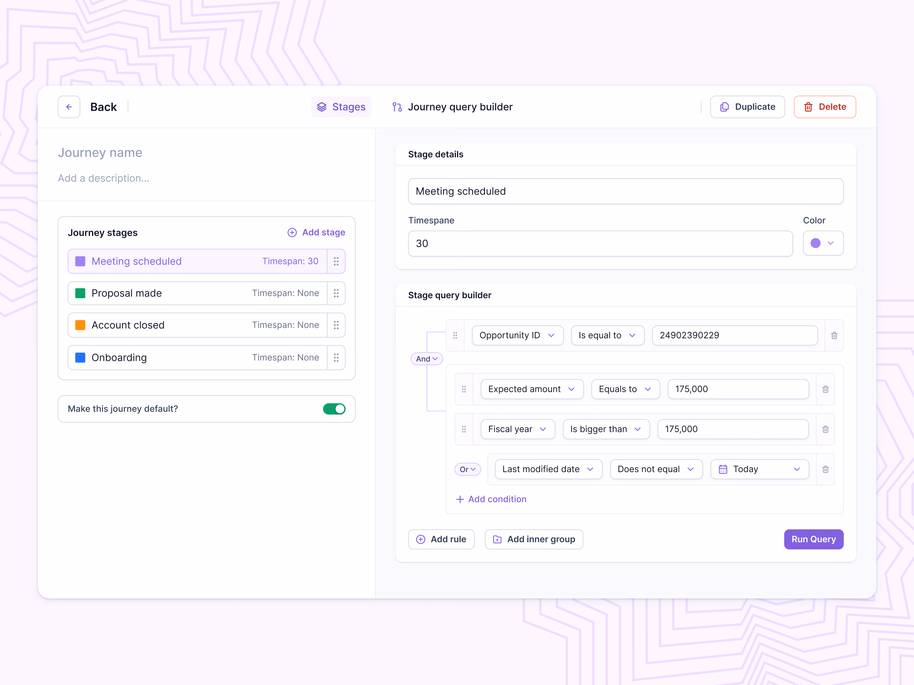 Customer journey stages and query builder in Lantern