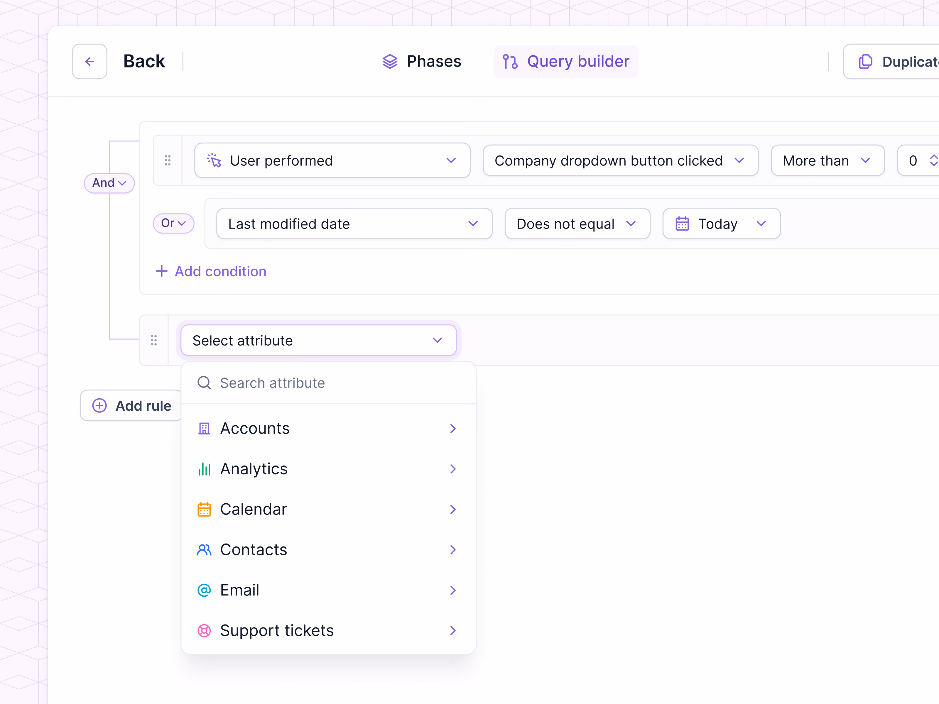 Attribute selection menu in Lantern query builder